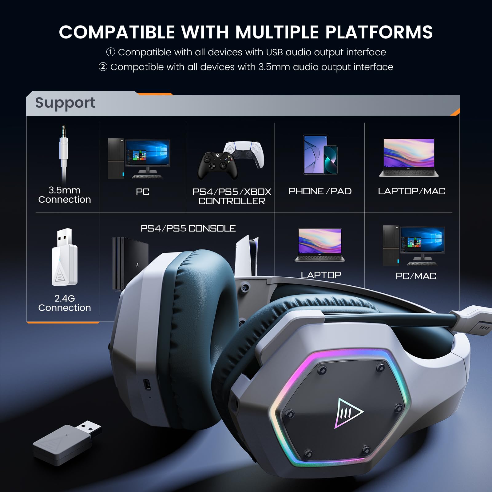EKSA E1000 USB Gaming Headset for PC, Computer Headphones with Microphone/Mic Noise Cancelling, 7.1 Surround Sound, RGB Light - Wired Headphones for PS4, PS5 Console, Laptop, Call Center - Flex Gamingproduct_type