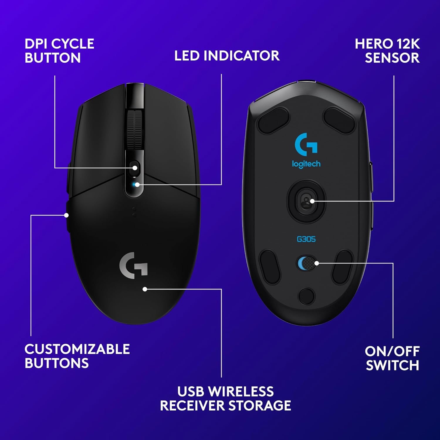 Logitech G305 Lightspeed Wireless Gaming Mouse, Hero Sensor, 12,000 DPI, Lightweight, 6 Programmable Buttons, 250h Battery, On-Board Memory, Compatible with PC, Mac - Black - Flex Gamingproduct_type