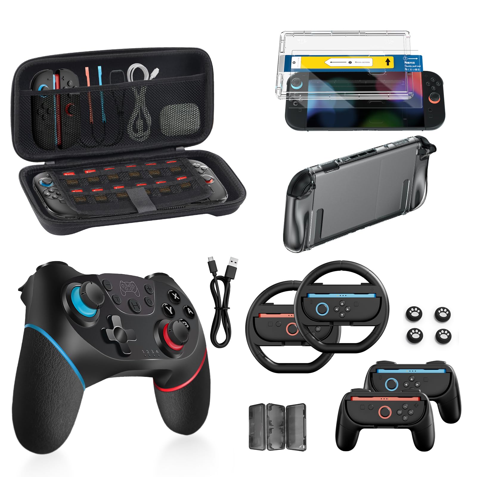 Pro Controllers Accessories Bundle for Nintendo Switch 2 18-in-1: Carrying Case, Screen Protector, Thumb Grip for Joycon, Dockable Console Protective Cover Shell, Steering Wheel, 2025 Switch2 Game Kit - Flex Gamingproduct_type