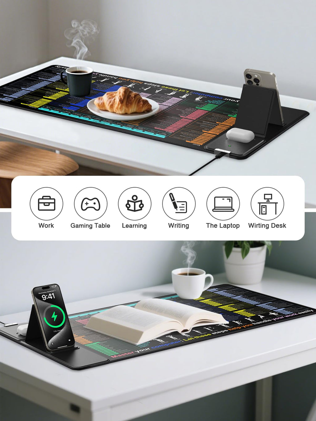 XXL Mouse Pad with Phone Holder - Black, RGB Desk Mat with 15W Fast Charging, LED Gaming Mousepad with 11 Light Colors, Waterproof Non-Slip Pad for Office & Home (Wave) - Flex Gamingproduct_type