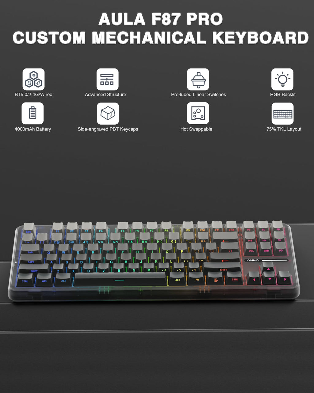 AULA F75 Pro Wireless Mechanical Keyboard,75% Hot Swappable Custom Keyboard with Knob,RGB Backlit,Pre-lubed Reaper Switches,Side Printed PBT Keycaps,2.4GHz/USB-C/BT5.0 Mechanical Gaming Keyboards - Flex Gamingproduct_type