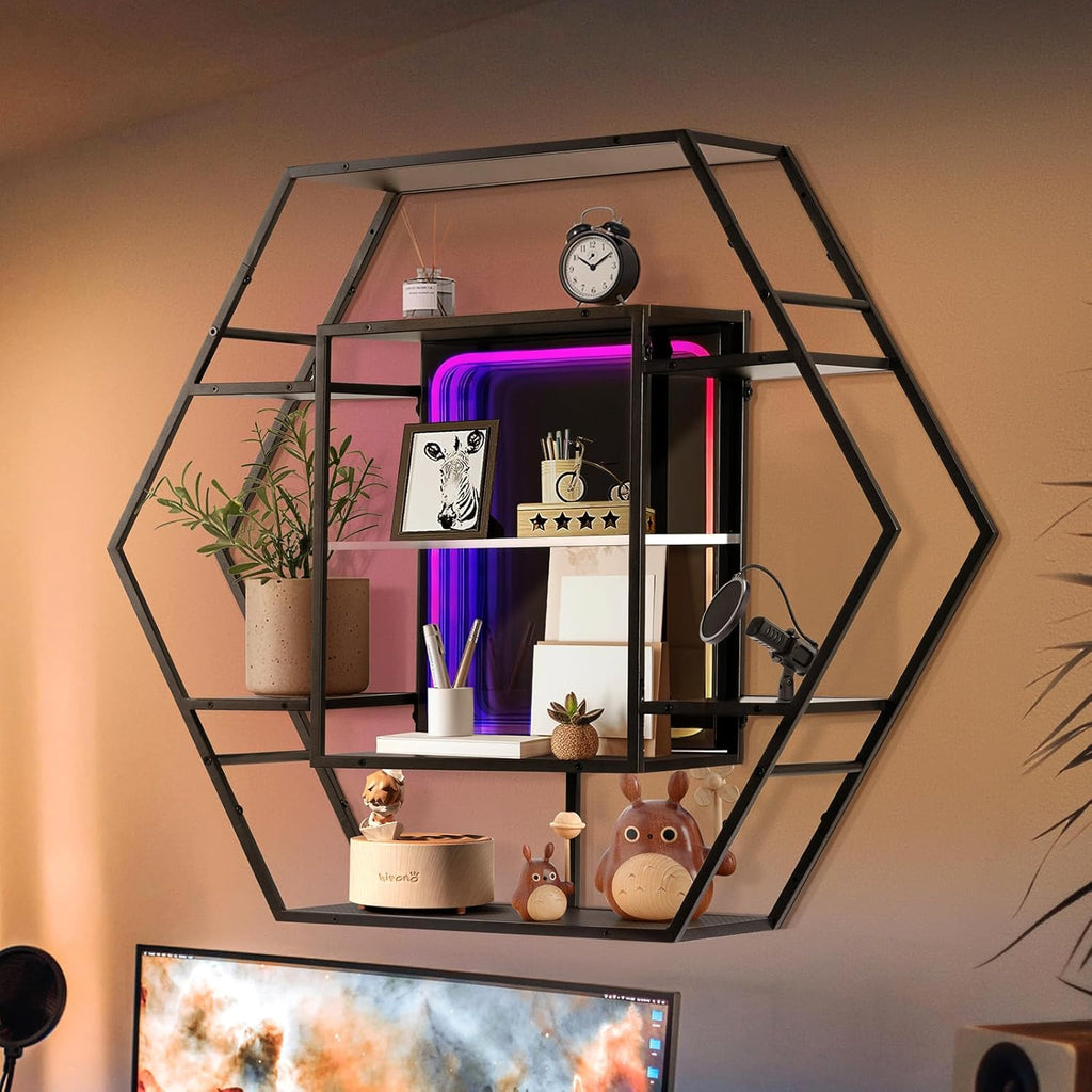 FUSLITE Infinity Mirror Gaming Floating Shelves with LED Lights, Hexagon Wall Mounted LED Shelf with RGB App Control, 36.6" Large Display Rack for Gaming Room Decor, Action Figures, Collectibles - Flex Gamingproduct_type