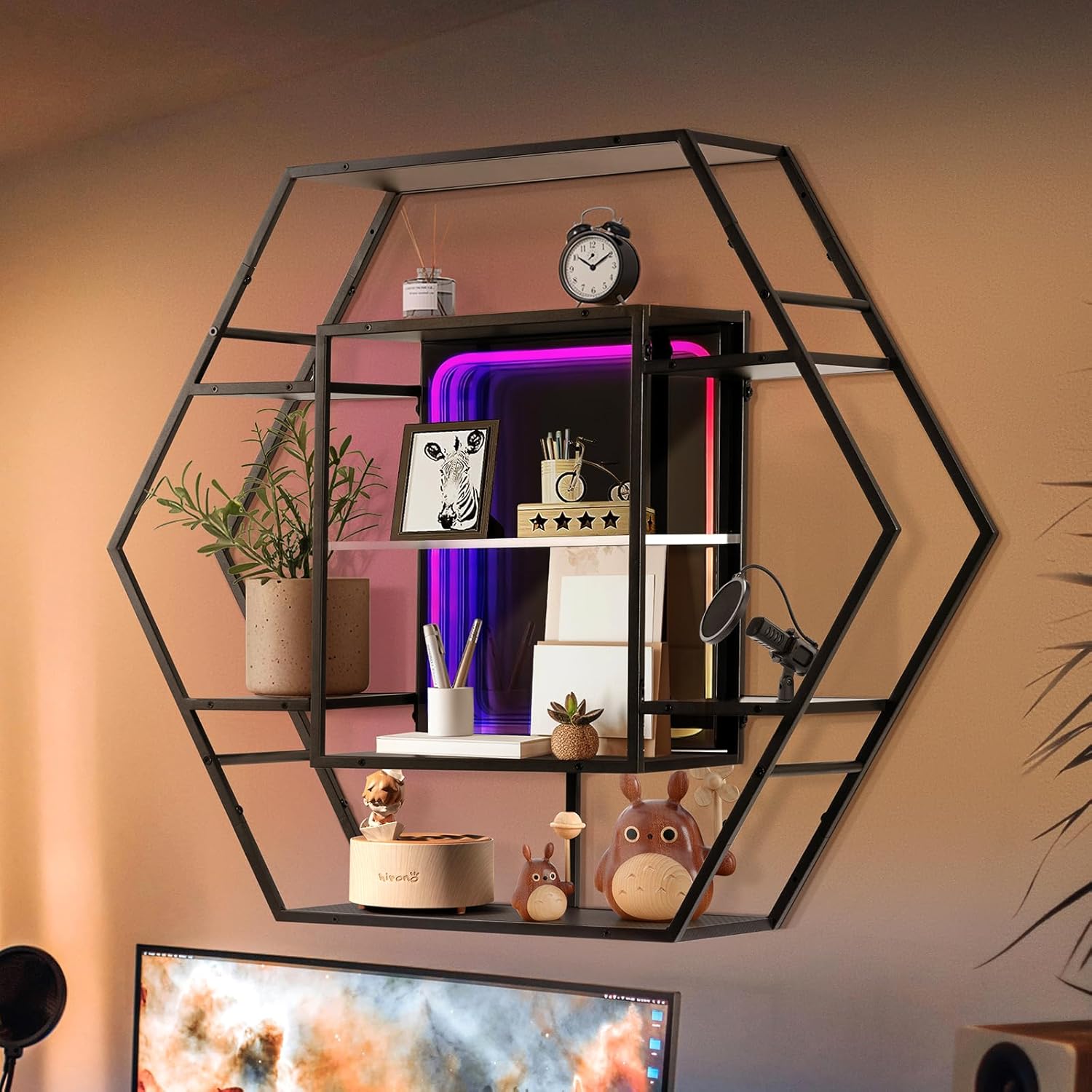 FUSLITE Infinity Mirror Gaming Floating Shelves with LED Lights, Hexagon Wall Mounted LED Shelf with RGB App Control, 36.6" Large Display Rack for Gaming Room Decor, Action Figures, Collectibles - Flex Gamingproduct_type