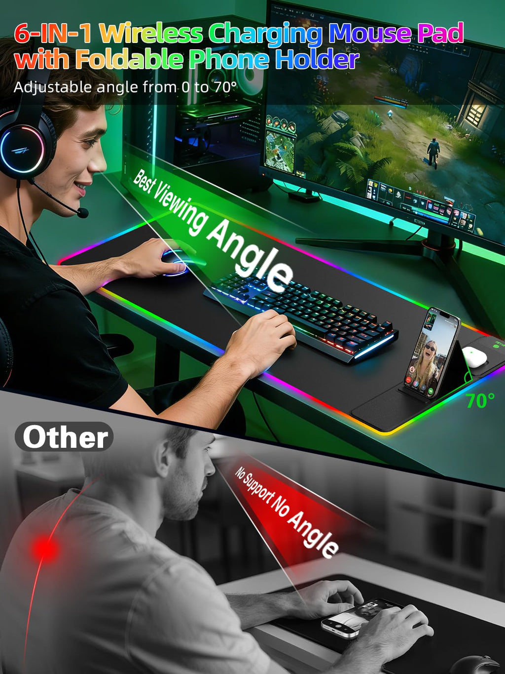 XXL Mouse Pad with Phone Holder - Black, RGB Desk Mat with 15W Fast Charging, LED Gaming Mousepad with 11 Light Colors, Waterproof Non-Slip Pad for Office & Home (Wave) - Flex Gamingproduct_type