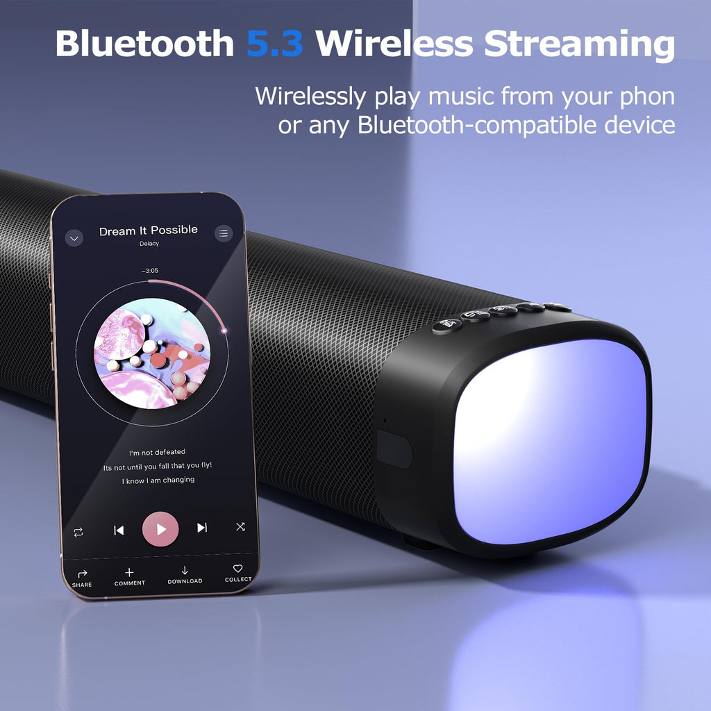 Sound Bar for Smart TV, 100W Sound Bar with 3 Dynamic RGB Lights,Bluetooth 5.3, ARC/Opt/AUX Connect, Dynamic Volume 3 Equalizer Modes,2 in 1 Detachable Soundbar for TV/PC/Gaming/Projectors - Flex Gamingproduct_type