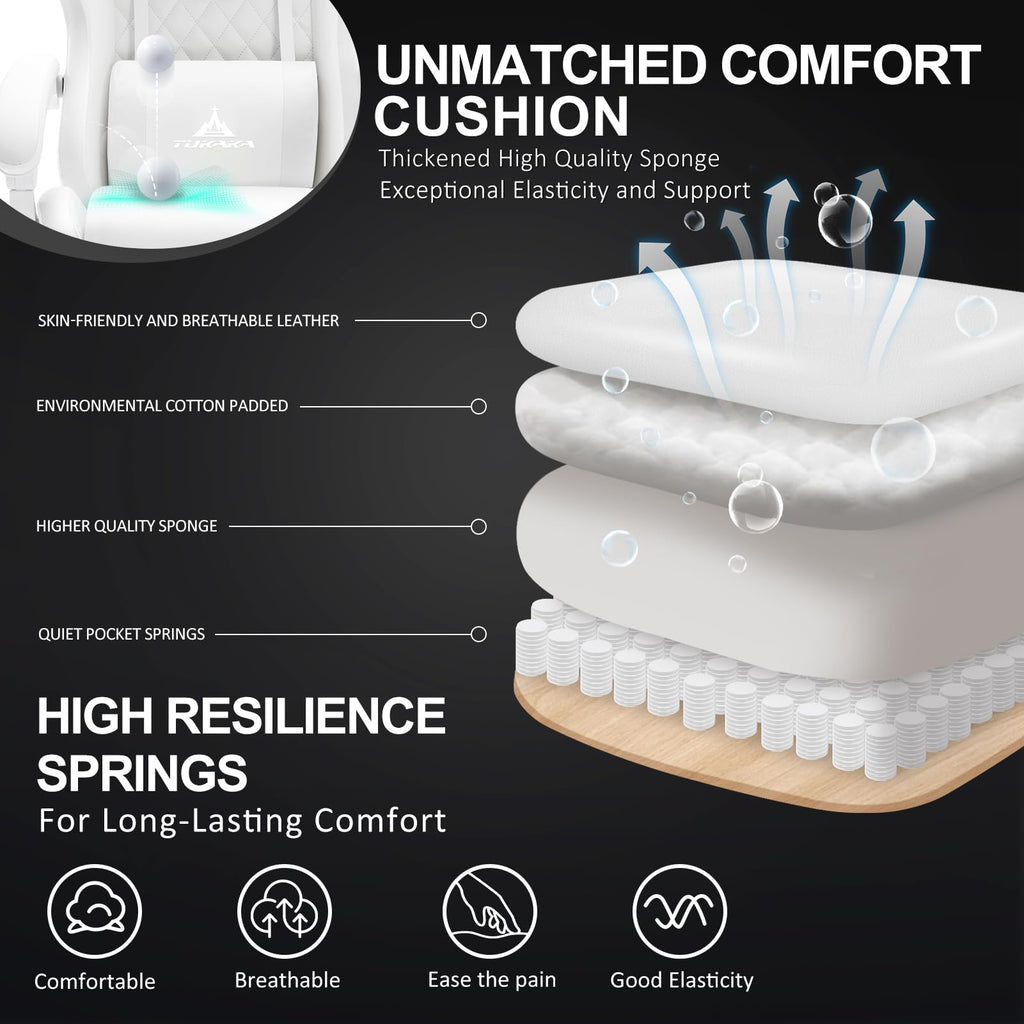 White Gaming Chair,Ergonomic Massage Office Desk Chair with Footrest | Pocket Spring Cushion,Reclining,Thick High Back,Headrest and Lumbar Support,Adjustable Leather Computer Chair Gamer Chair - Flex Gamingproduct_type
