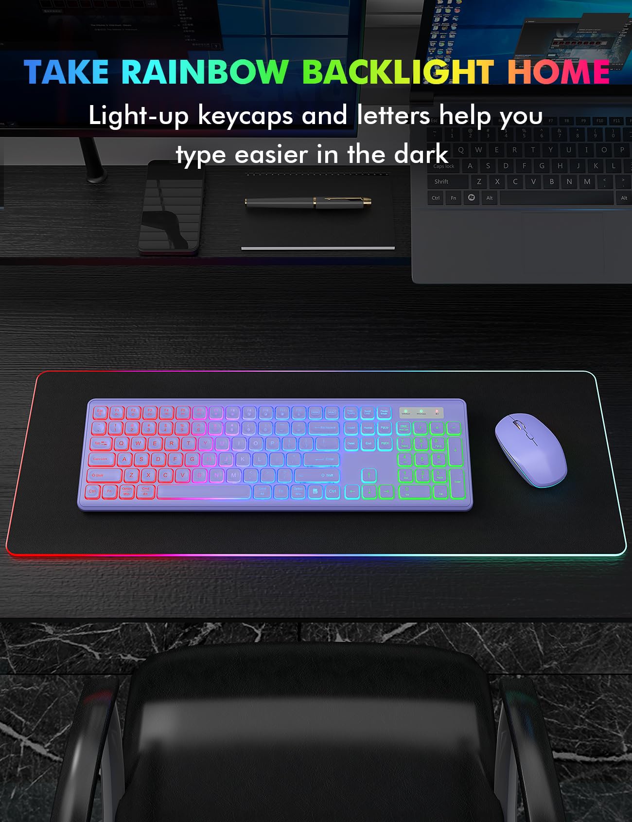 Wireless Keyboard and Mouse Combo, RGB Backlit, Rechargeable & Light Up Letters, Full-Size, Soft Typing, Sleep Mode, 2.4GHz Quiet Keyboard Set for Mac, Windows, Laptop, PC, Trueque KM42Pro (Black) - Flex Gamingproduct_type