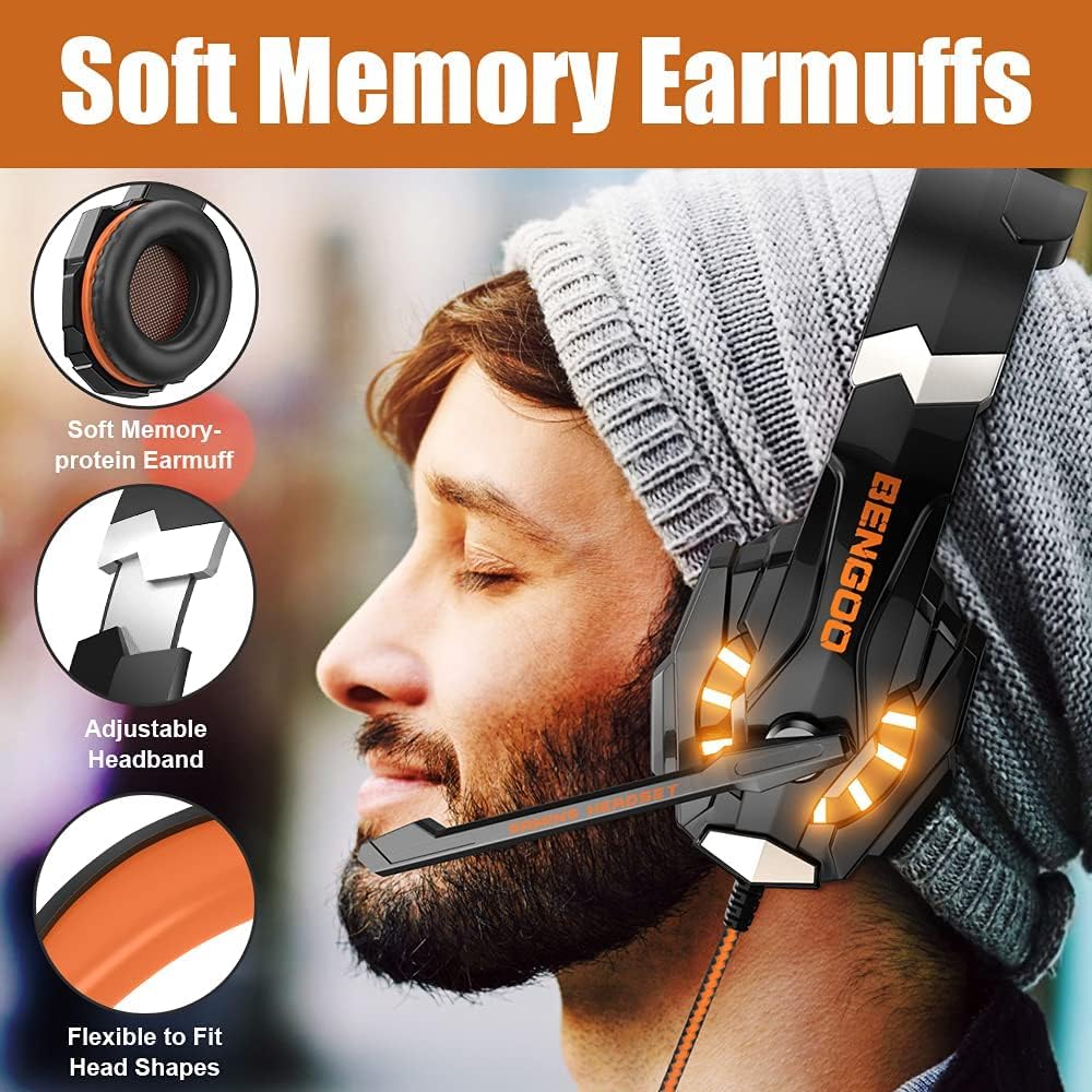 BENGOO G9000 Stereo Gaming Headset for PS4 PC Xbox One PS5 Controller, Noise Cancelling Over Ear Headphones with Mic, LED Light, 7.1 Surround Sound, Soft Memory Earmuffs for Nintendo Xbox Series X|S - Flex Gamingproduct_type