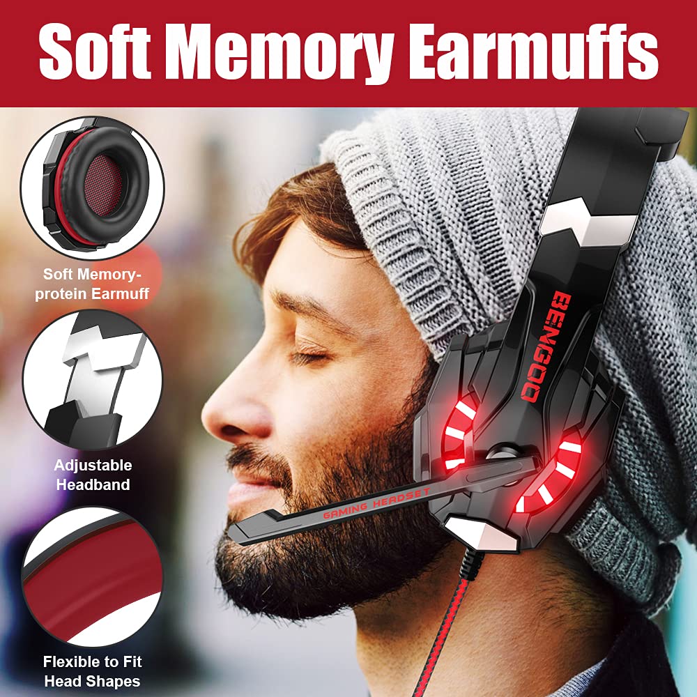 BENGOO G9000 Stereo Gaming Headset for PS4 PC Xbox One PS5 Controller, Noise Cancelling Over Ear Headphones with Mic, LED Light, 7.1 Surround Sound, Soft Memory Earmuffs for Nintendo Xbox Series X|S - Flex Gamingproduct_type