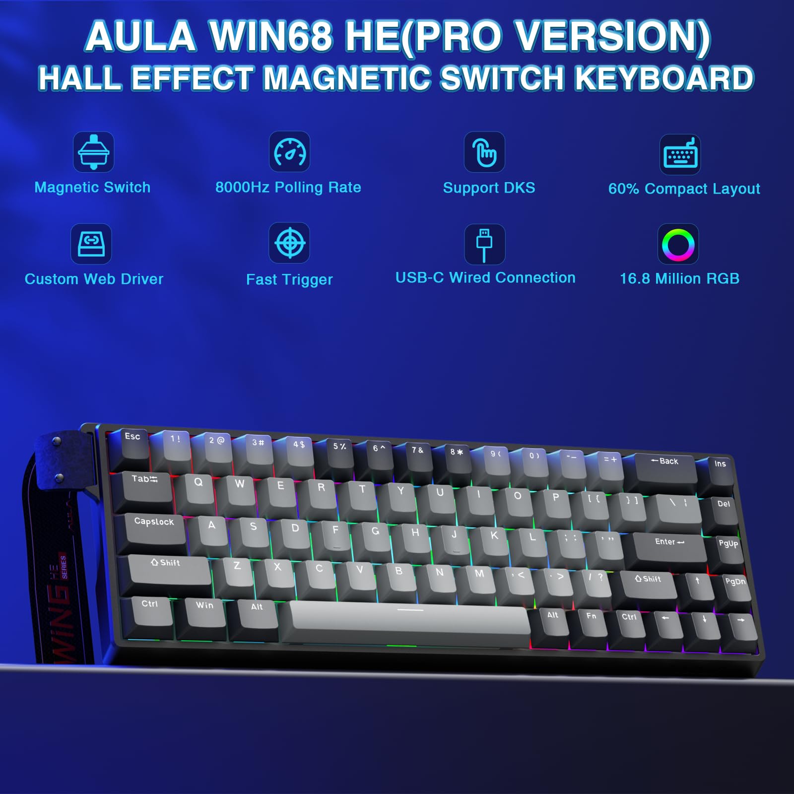 AULA WIN68 HE Mechanical Gaming Keyboard 60%, Hall Effect Magnetic Switch, Fast Trigger Mode Adjustable Actuation, 8000Hz Polling Rate, RGB Backlit, Wired Black Keyboard for Laptop/PC Gamer - Flex Gamingproduct_type