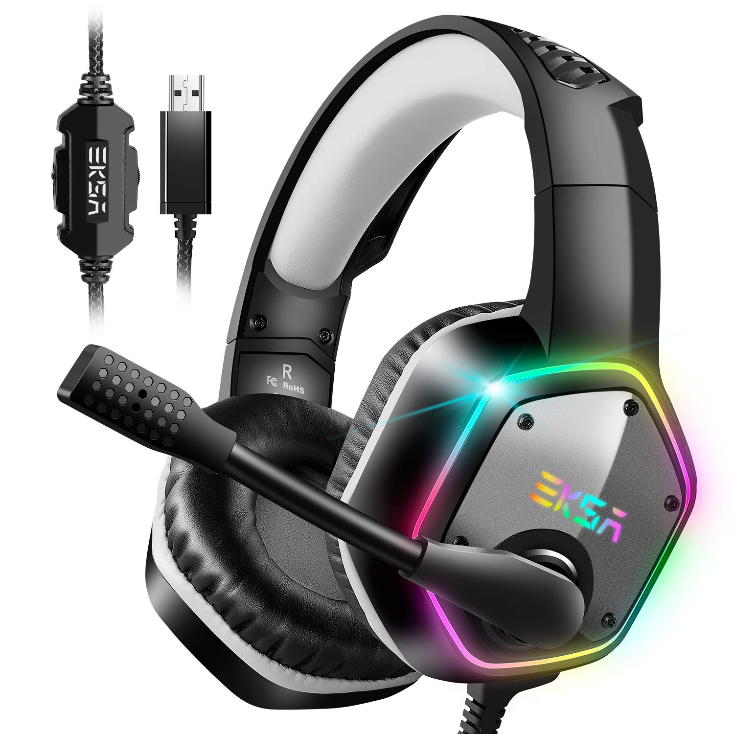 EKSA E1000 USB Gaming Headset for PC, Computer Headphones with Microphone/Mic Noise Cancelling, 7.1 Surround Sound, RGB Light - Wired Headphones for PS4, PS5 Console, Laptop, Call Center - Flex Gamingproduct_type