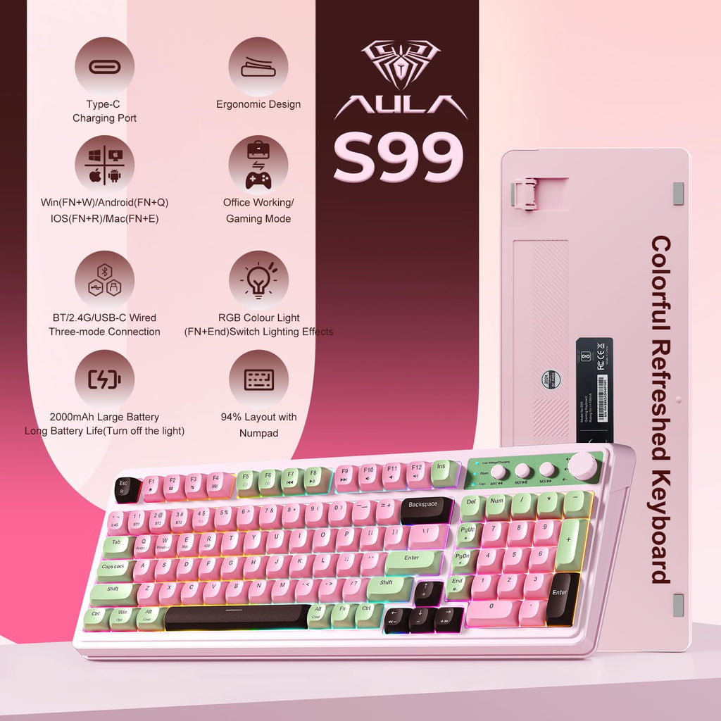 AULA 99 Key Keyboard, Wireless Gaming Keyboard Bluetooth Computer Keyboards Creamy Cute with Number Pad RGB Backlit Tri-Mode BT/2.4GHz/USB-C - Pink - Flex Gamingproduct_type