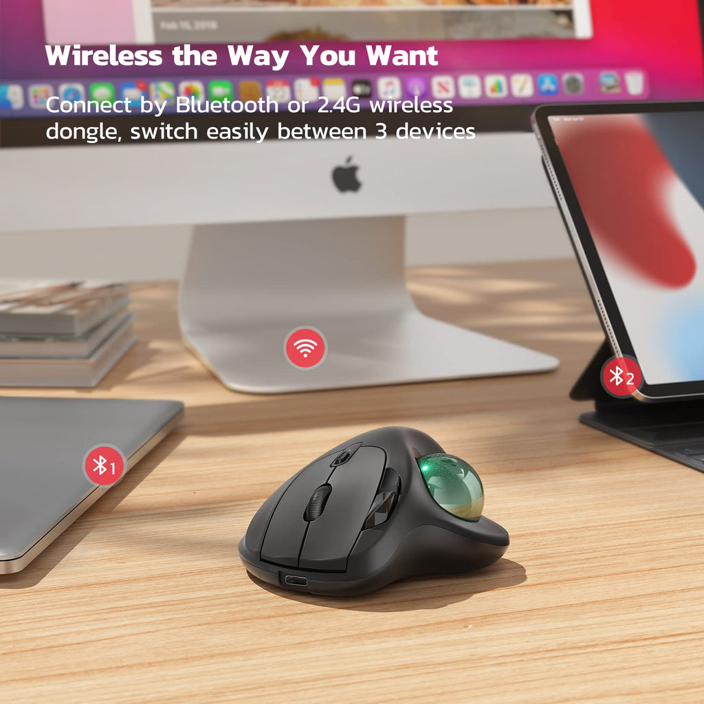 Nulea M501 Wireless Trackball Mouse, Rechargeable Ergonomic, Easy Thumb Control, Precise & Smooth Tracking, 3 Device Connection (Bluetooth or USB Receiver), Compatible for PC, Laptop, Mac, Windows. - Flex Gamingproduct_type