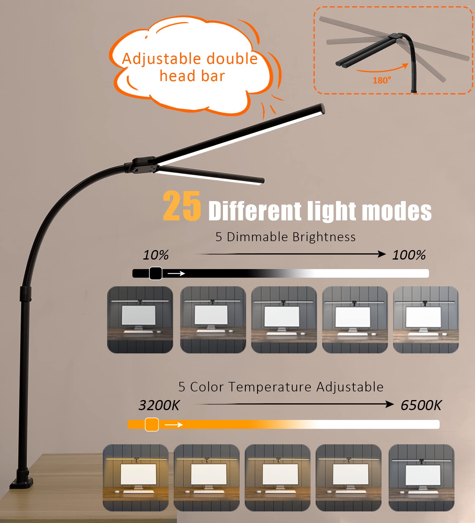 Double Head LED Desk Lamp, Architect Desk Lamps for Home Office, 24W Brightest Workbench Office Lighting-5 Color Modes and 5 Dimmable Eye Protection Modern Desk Lamp for Monitor Reading - Flex Gamingproduct_type