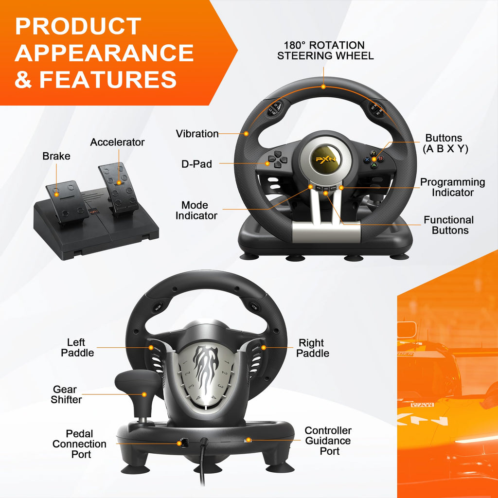 PXN V3 Pro Gaming Steering Wheel with Pedals | Dual Motor Vibration Feedback, Beginner Sim Racing Wheel for PC, PS4, Xbox Series S, Xbox Series X, Xbox One and Switch - Flex Gamingproduct_type
