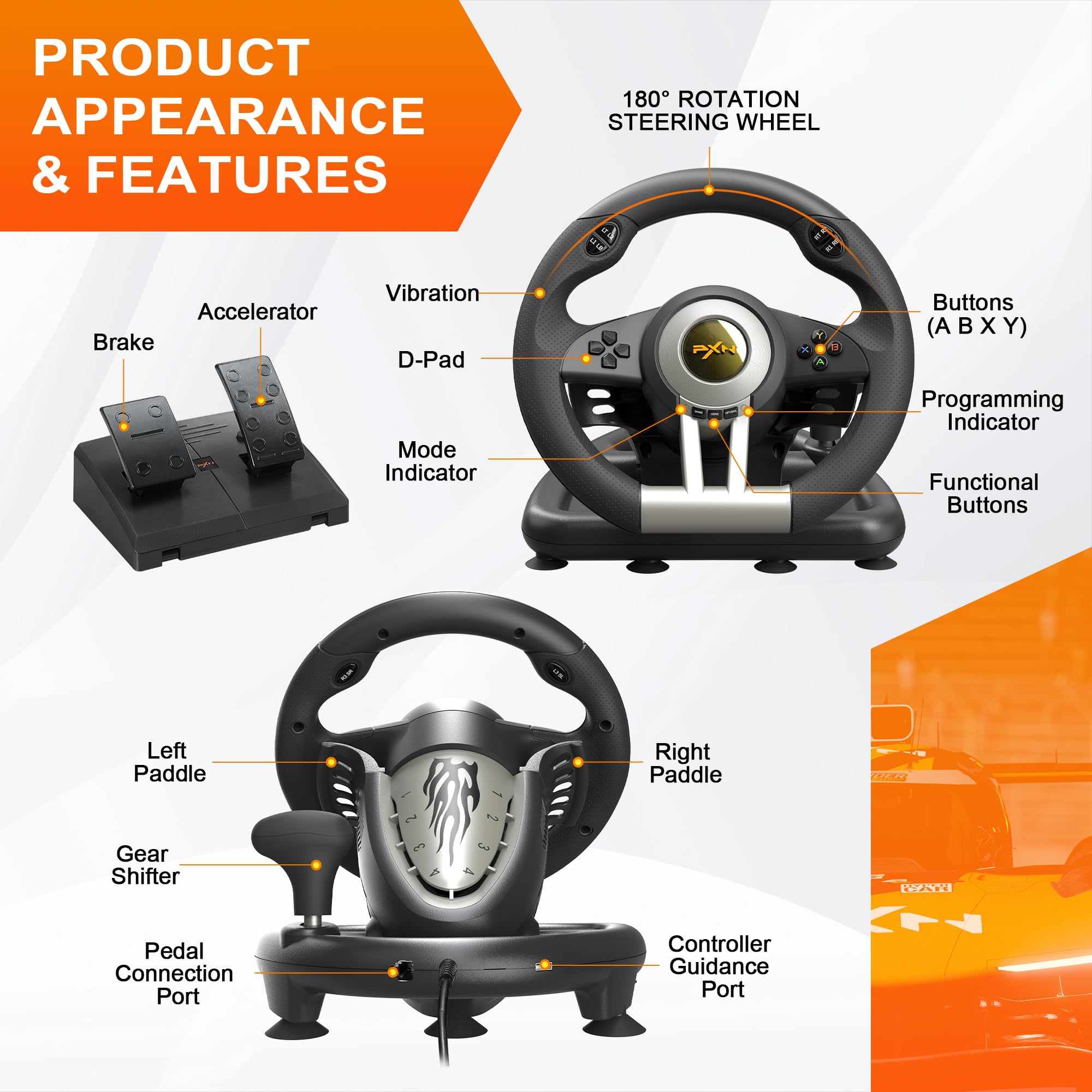 PXN V3 Pro Gaming Steering Wheel with Pedals | Dual Motor Vibration Feedback, Beginner Sim Racing Wheel for PC, PS4, Xbox Series S, Xbox Series X, Xbox One and Switch - Flex Gamingproduct_type