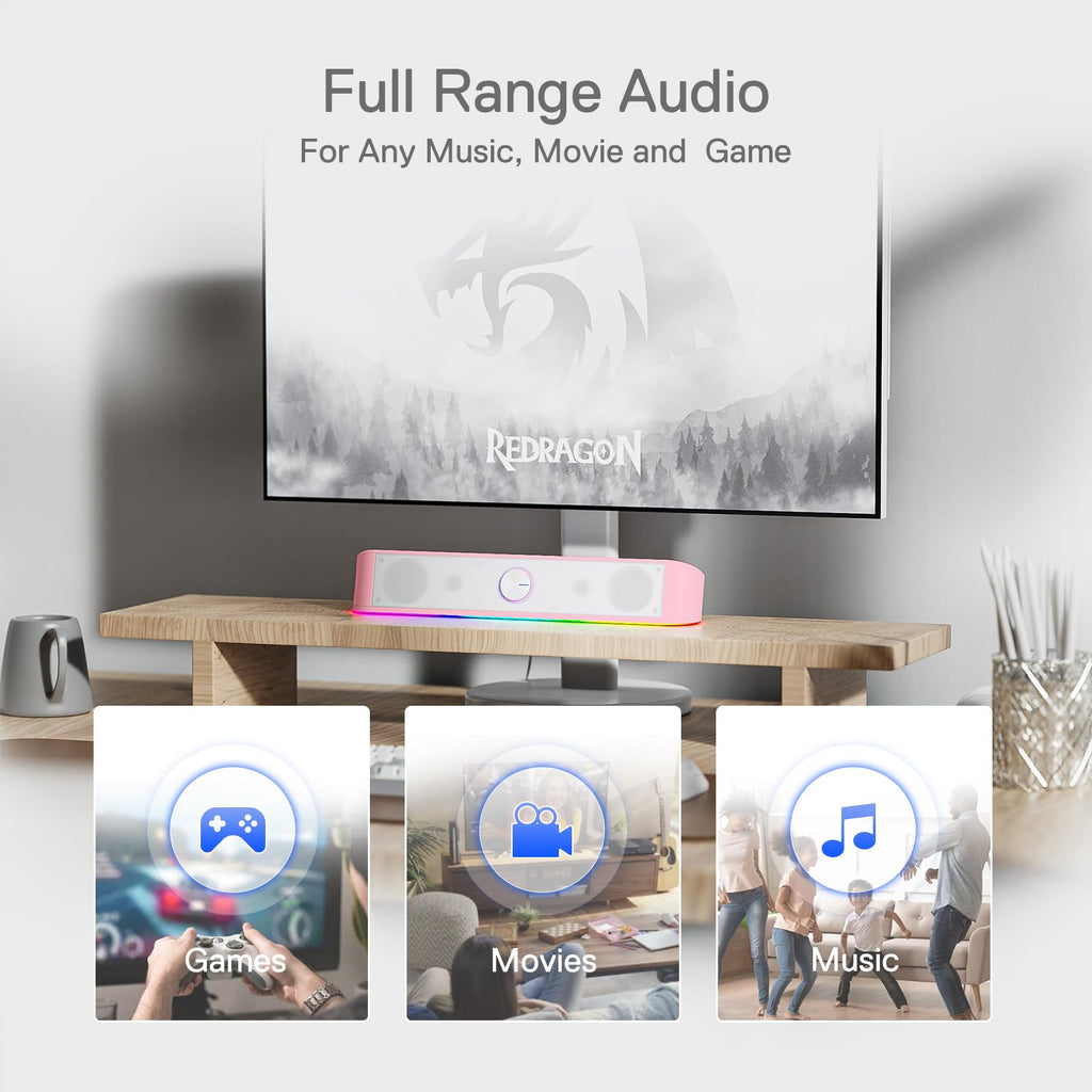 Redragon GS560 RGB Desktop Soundbar, 2.0 Channel Computer Speaker with Dynamic Lighting Bar Audio-Light Sync/Display, Touch-Control Backlit with Volume Knob, USB Powered w/ 3.5mm Cable, Black - Flex Gamingproduct_type