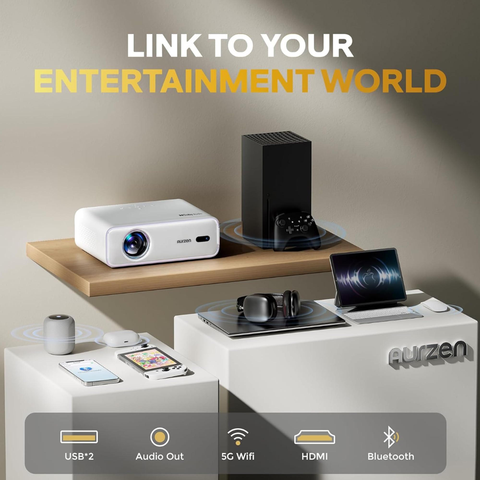 Aurzen Roku TV Smart Projector with Wifi and Bluetooth, Roku TV Built-in, 1080P FHD, DoIby Audio, Auto Focus & Keystone, Zoom, Movie Portable Outdoor Mini Projector for Soccer Football Game, White - Flex Gamingproduct_type