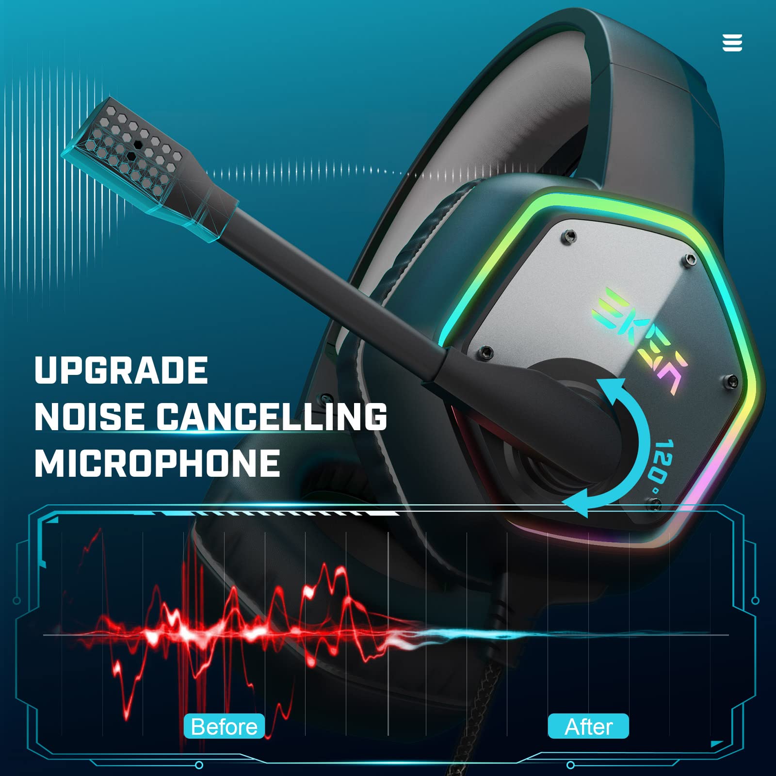EKSA E1000 USB Gaming Headset for PC, Computer Headphones with Microphone/Mic Noise Cancelling, 7.1 Surround Sound, RGB Light - Wired Headphones for PS4, PS5 Console, Laptop, Call Center - Flex Gamingproduct_type