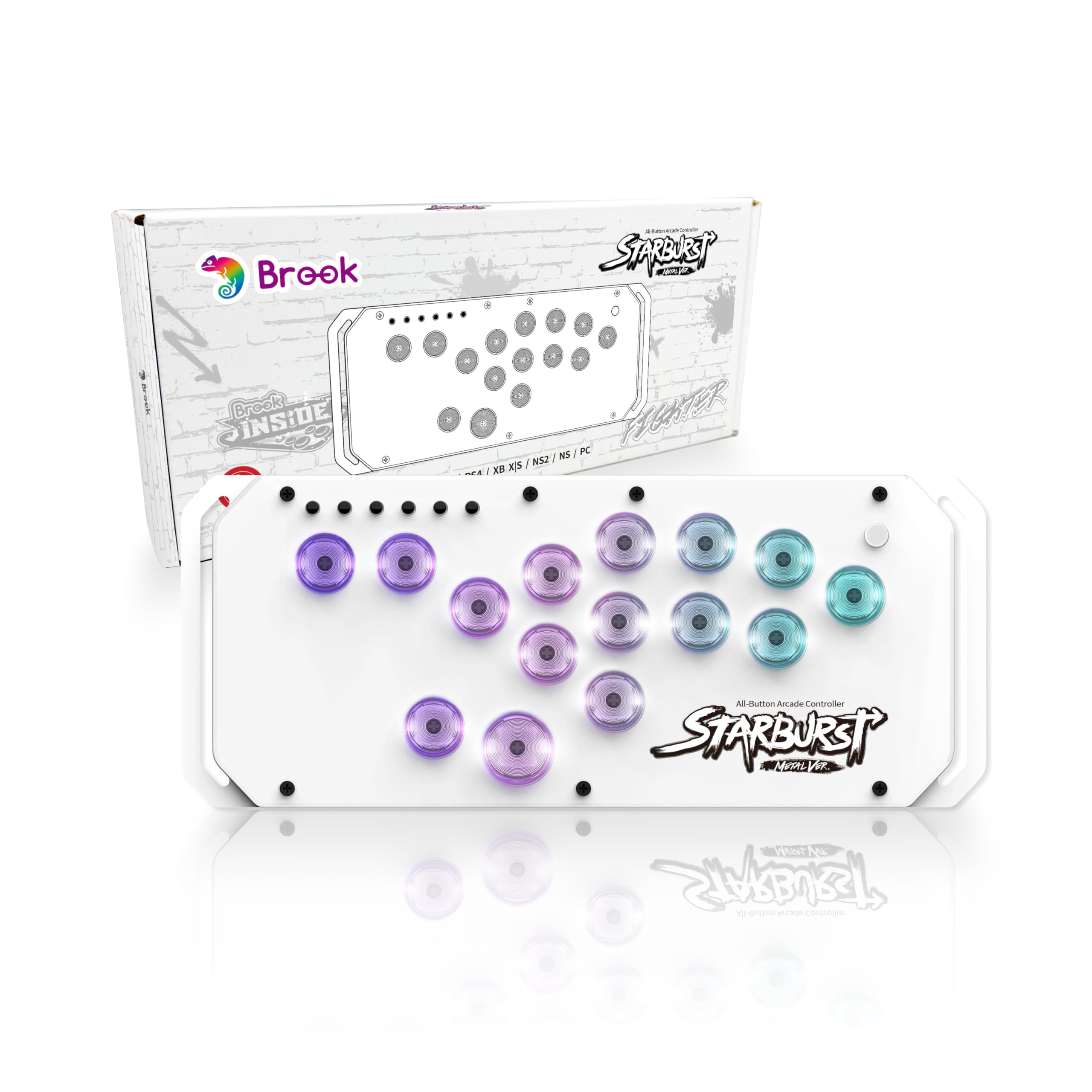 Brook Fighter Starburst Metal Ver. All-Button Arcade Controller for PS5, PS4, Xbox Series X|S, NS, NS2 & PC, Metal Side Handles, Hot-Swappable Switches, RGB Lighting, Officially Licensed (Black) - Flex Gamingproduct_type