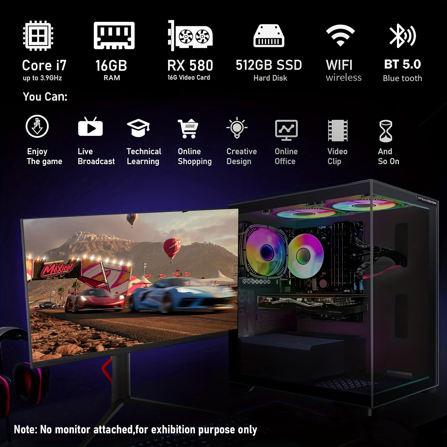 STGAubron Prebuilt Gaming PC Desktop, Radeon RX 560 4G, Intel Core i5 up to 3.6GHz, 16G RAM, 512G SSD, WiFi 6, BT 5.0, RGB Fan x2, Windows 11 Home - Flex Gamingproduct_type