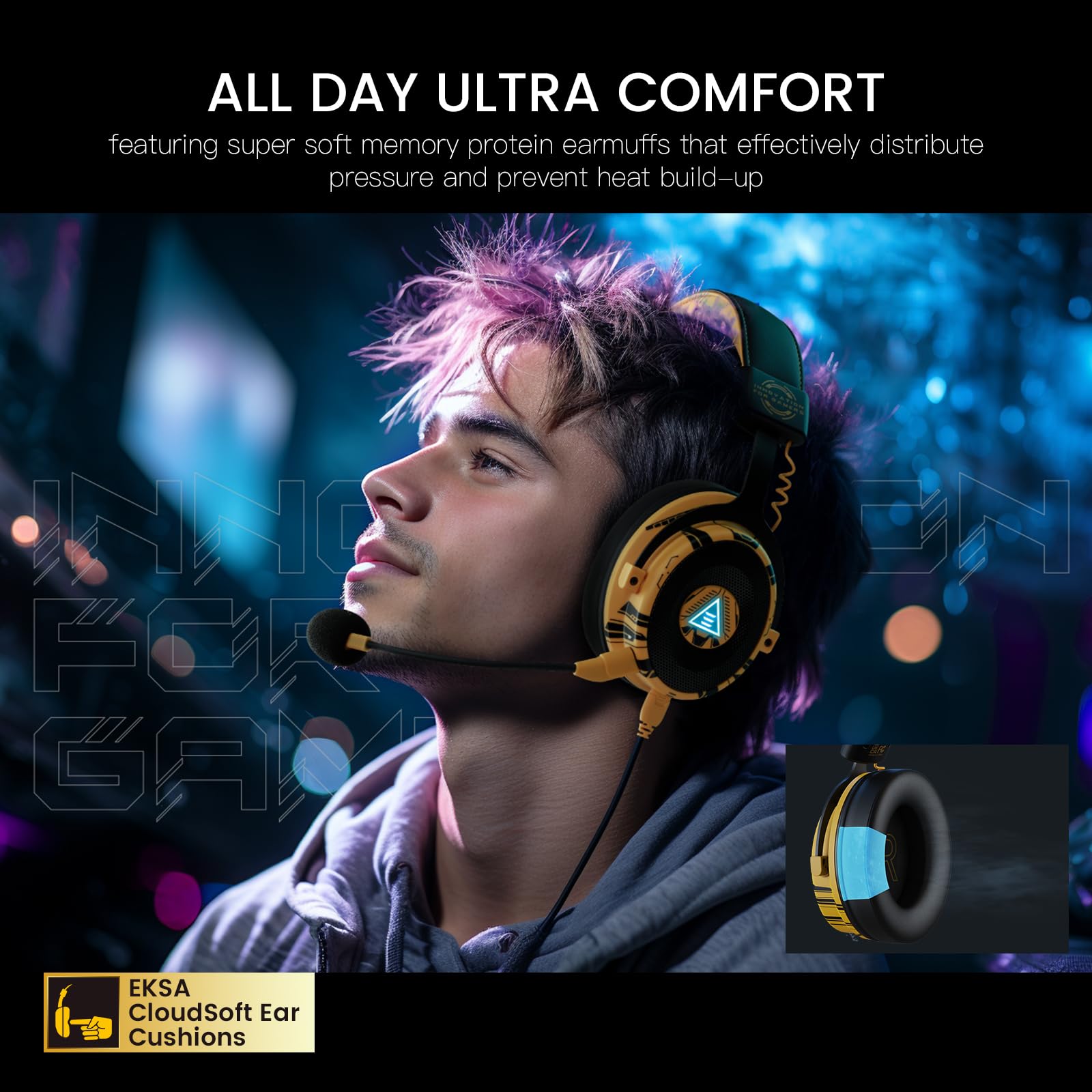 EKSA USB Gaming Headset for PC, Computer Gaming Headphones with Detachable Microphone Noise Cancelling, 7.1 Surround Sound, 50MM Driver, Wired Headset for PS4 PS5, Xbox One, Laptop (Yellow) - Flex Gamingproduct_type