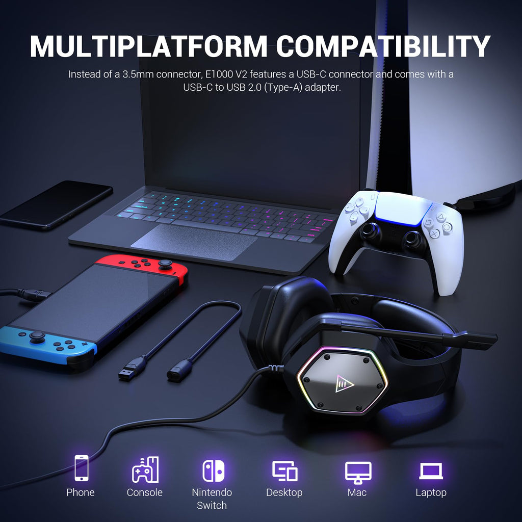 EKSA E1000 USB Gaming Headset for PC, Computer Headphones with Microphone/Mic Noise Cancelling, 7.1 Surround Sound, RGB Light - Wired Headphones for PS4, PS5 Console, Laptop, Call Center - Flex Gamingproduct_type