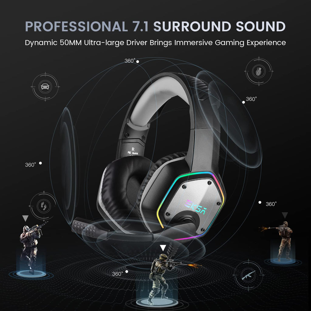 EKSA E1000 USB Gaming Headset for PC, Computer Headphones with Microphone/Mic Noise Cancelling, 7.1 Surround Sound, RGB Light - Wired Headphones for PS4, PS5 Console, Laptop, Call Center - Flex Gamingproduct_type