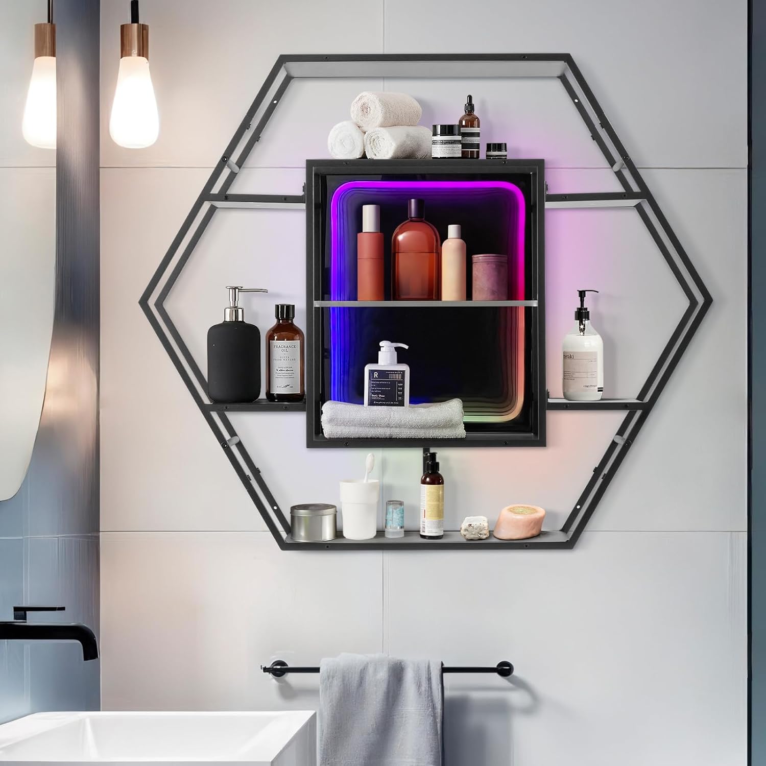 FUSLITE Infinity Mirror Gaming Floating Shelves with LED Lights, Hexagon Wall Mounted LED Shelf with RGB App Control, 36.6" Large Display Rack for Gaming Room Decor, Action Figures, Collectibles - Flex Gamingproduct_type