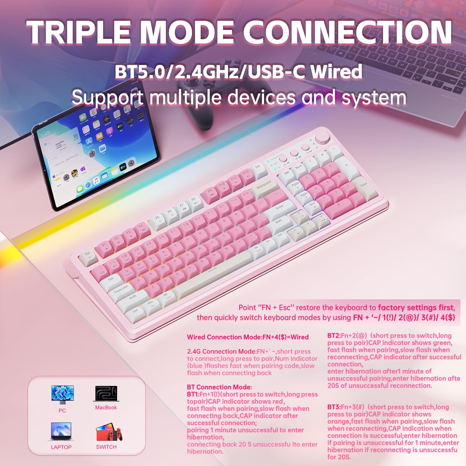 AULA 99 Key Keyboard, Wireless Gaming Keyboard Bluetooth Computer Keyboards Creamy Cute with Number Pad RGB Backlit Tri-Mode BT/2.4GHz/USB-C - Pink - Flex Gamingproduct_type
