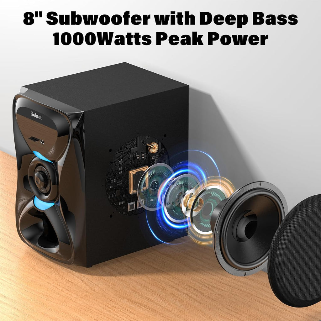 Bobtot Surround Sound Systems Wireless Rear Satellite Speakers - 1000W Peak Deep Bass 8 inch Subwoofer 5.1/2.1 Channel Home Theater System with ARC Optical Bluetooth Karaoke Input - Flex Gamingproduct_type