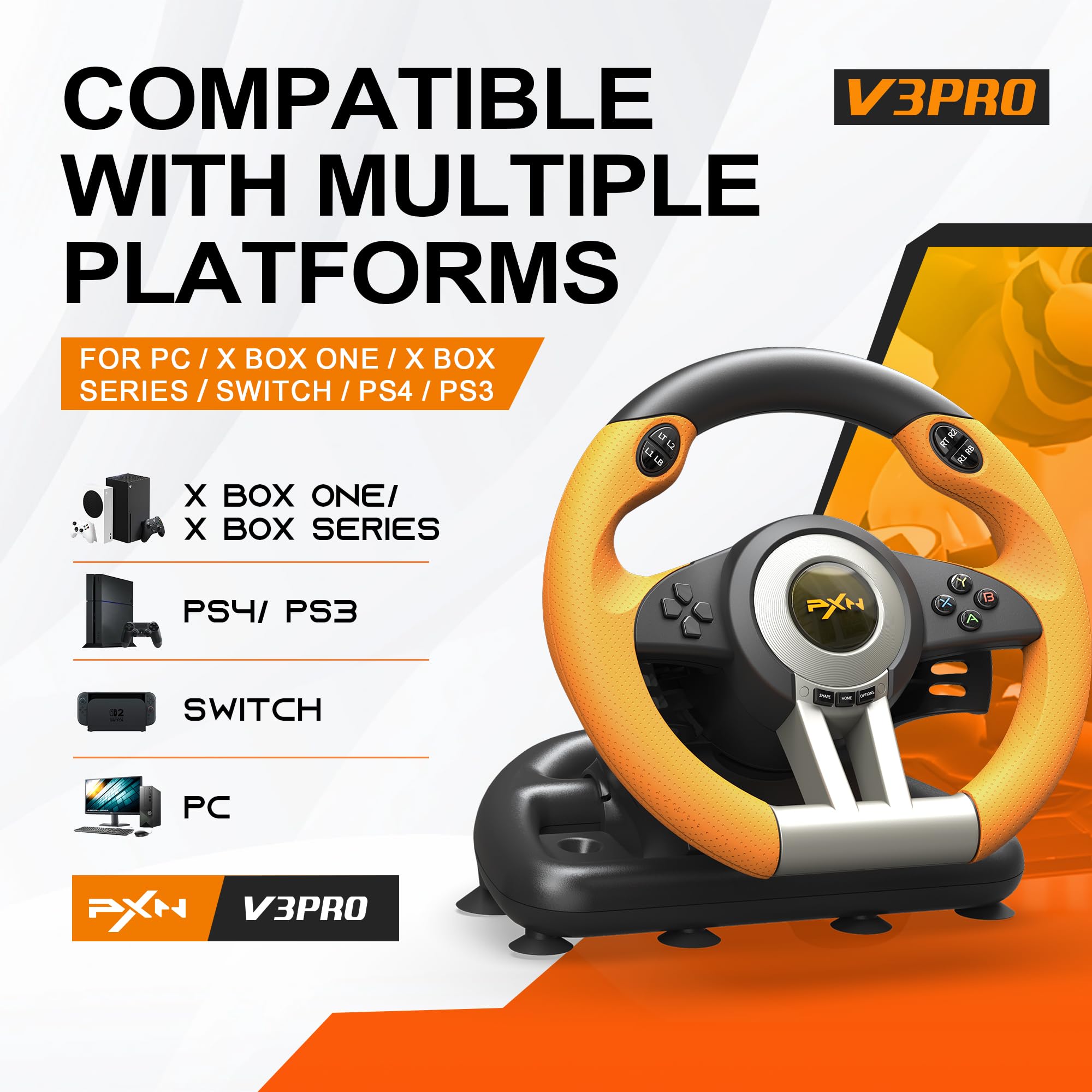 PXN V3 Pro Gaming Steering Wheel with Pedals | Dual Motor Vibration Feedback, Beginner Sim Racing Wheel for PC, PS4, Xbox Series S, Xbox Series X, Xbox One and Switch - Flex Gamingproduct_type