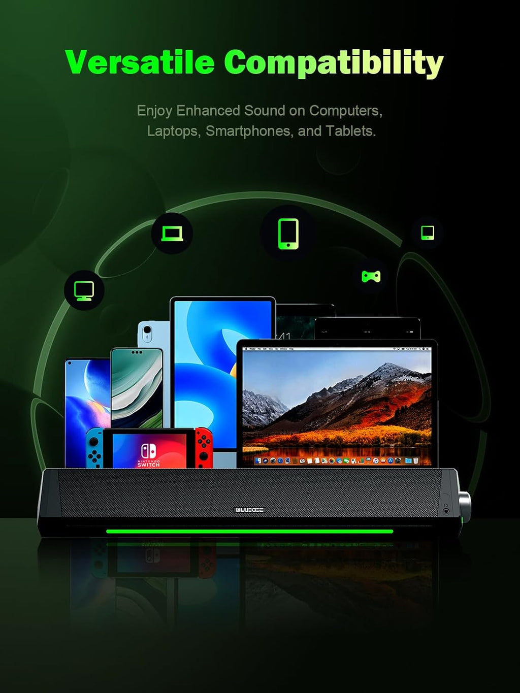 BLUEDEE Computer Speakers for Desktop PC, Computer Sound bar, HiFi Stereo Speakers for Computer Desktop, Bluetooth 5.0 and 3.5mm Aux-in PC Soundbar, USB/USB C Powered Gaming Speakers for pc, Laptop - Flex Gamingproduct_type
