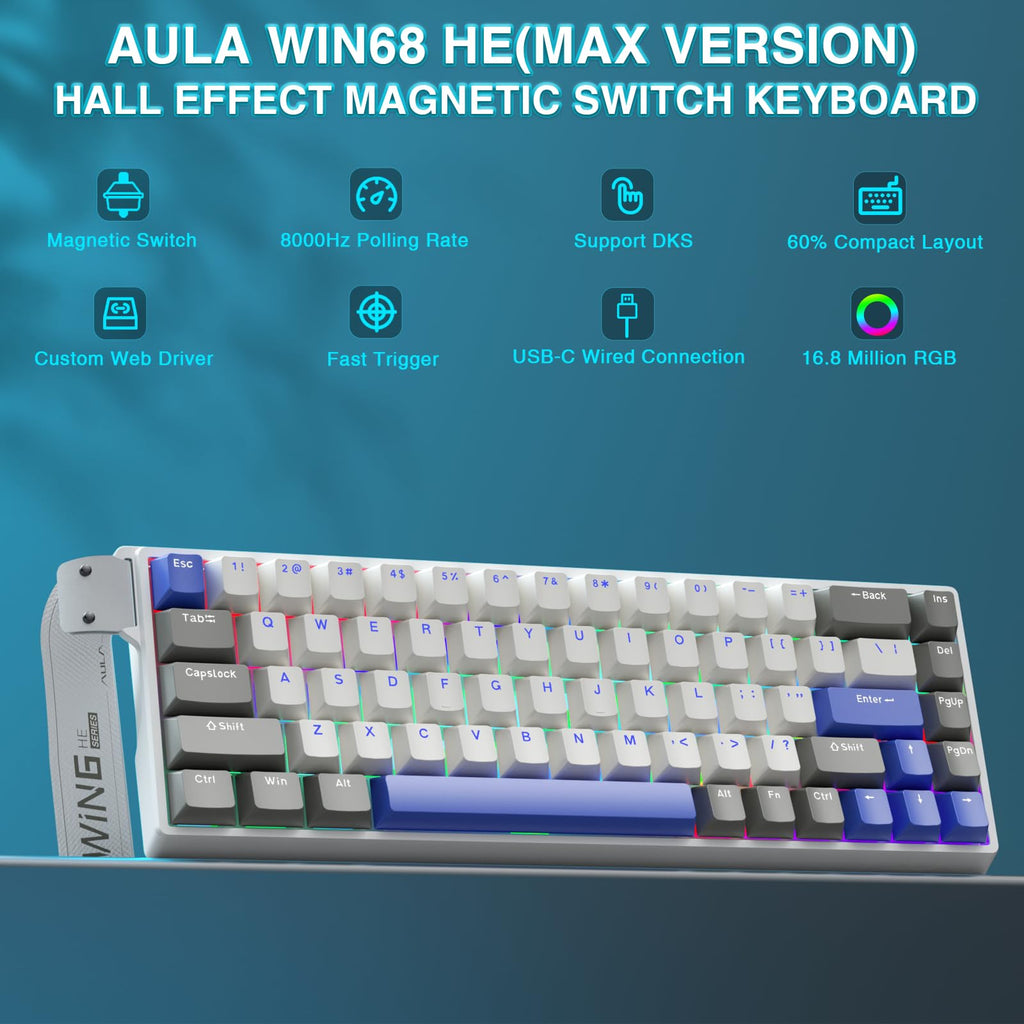 AULA WIN68 HE Mechanical Gaming Keyboard 60%, Hall Effect Magnetic Switch, Fast Trigger Mode Adjustable Actuation, 8000Hz Polling Rate, RGB Backlit, Wired Black Keyboard for Laptop/PC Gamer - Flex Gamingproduct_type