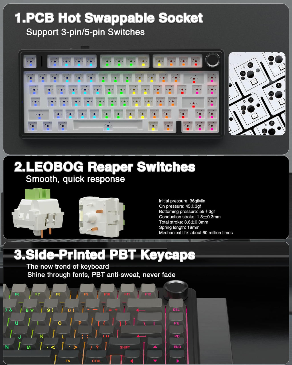 AULA F75 Pro Wireless Mechanical Keyboard,75% Hot Swappable Custom Keyboard with Knob,RGB Backlit,Pre-lubed Reaper Switches,Side Printed PBT Keycaps,2.4GHz/USB-C/BT5.0 Mechanical Gaming Keyboards - Flex Gamingproduct_type