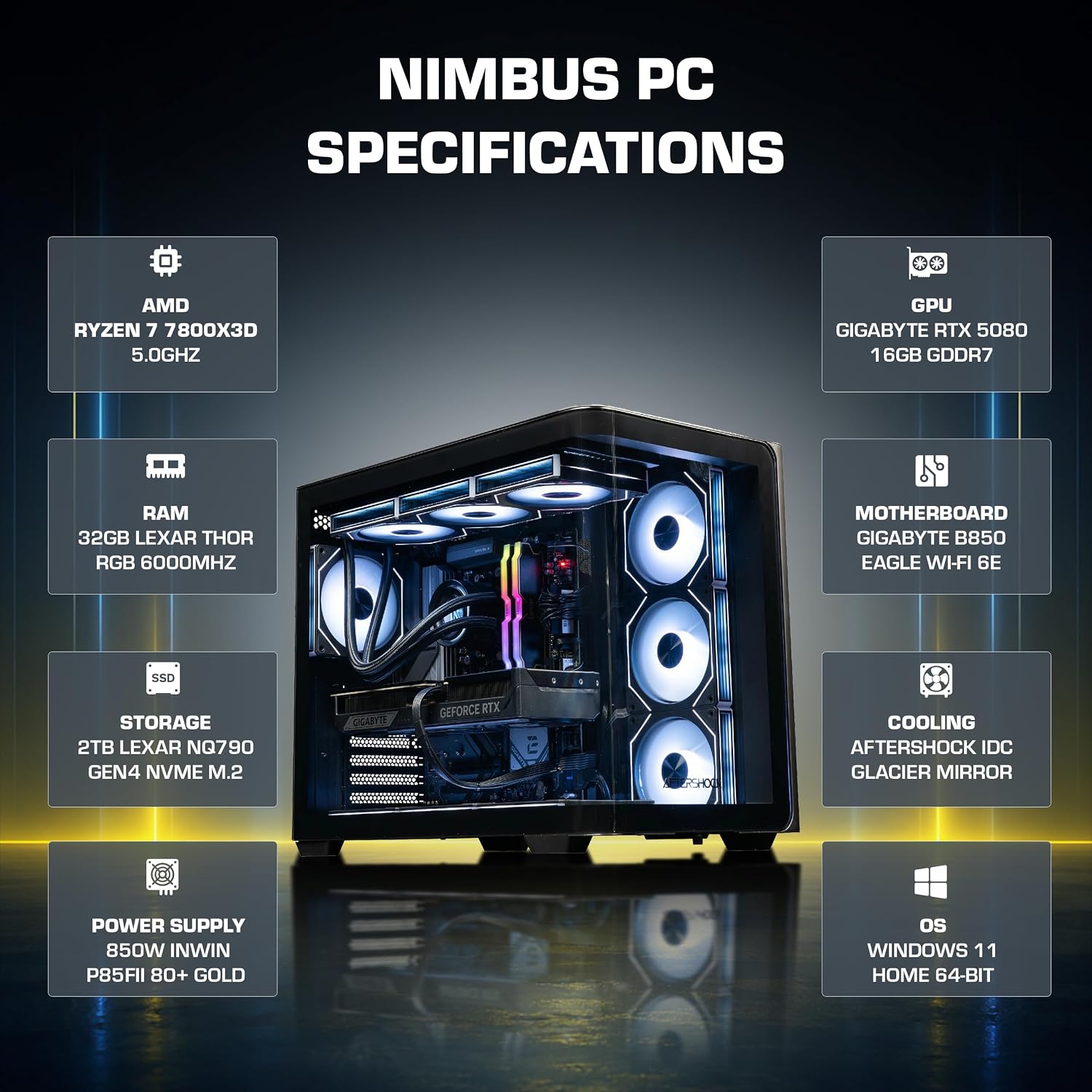 Aftershock Nimbus Gaming Desktop PC, Ryzen 7 7800X3D, RTX 5080 OC 16GB, 32GB DDR5 6000MHz RAM, 2TB Gen4 NVMe SSD, 360mm Liquid Cooler, 850W Gold PSU, Windows 11 Home