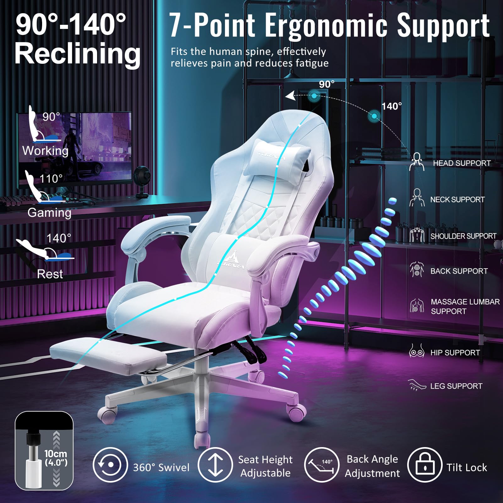 White Gaming Chair,Ergonomic Massage Office Desk Chair with Footrest | Pocket Spring Cushion,Reclining,Thick High Back,Headrest and Lumbar Support,Adjustable Leather Computer Chair Gamer Chair - Flex Gamingproduct_type