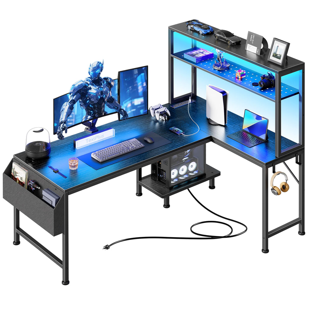 PRAISUN L Shaped Gaming Desk with LED Lights & Power Outlets, Reversible Computer Desk with Storage Shelves & Bag, Large Corner Home Office Desk with Pegboard for Work from Home, Black - Flex Gamingproduct_type