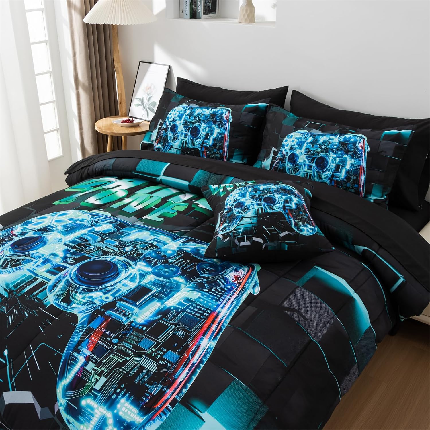 Aimuan Gamer Gaming Bedding Sets 3D Gamepad Comforter Sets for Boys Games Console Action Buttons Novelty Colorful Game Controller Modern Room Decor Home Quilt Set (Cyan, Twin 6PCS) - Flex Gamingproduct_type