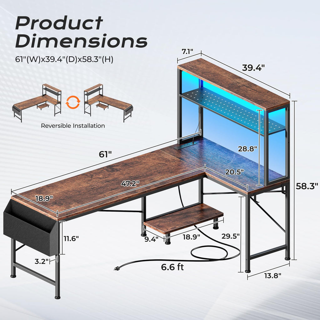 PRAISUN L Shaped Gaming Desk with LED Lights & Power Outlets, Reversible Computer Desk with Storage Shelves & Bag, Large Corner Home Office Desk with Pegboard for Work from Home, Black - Flex Gamingproduct_type