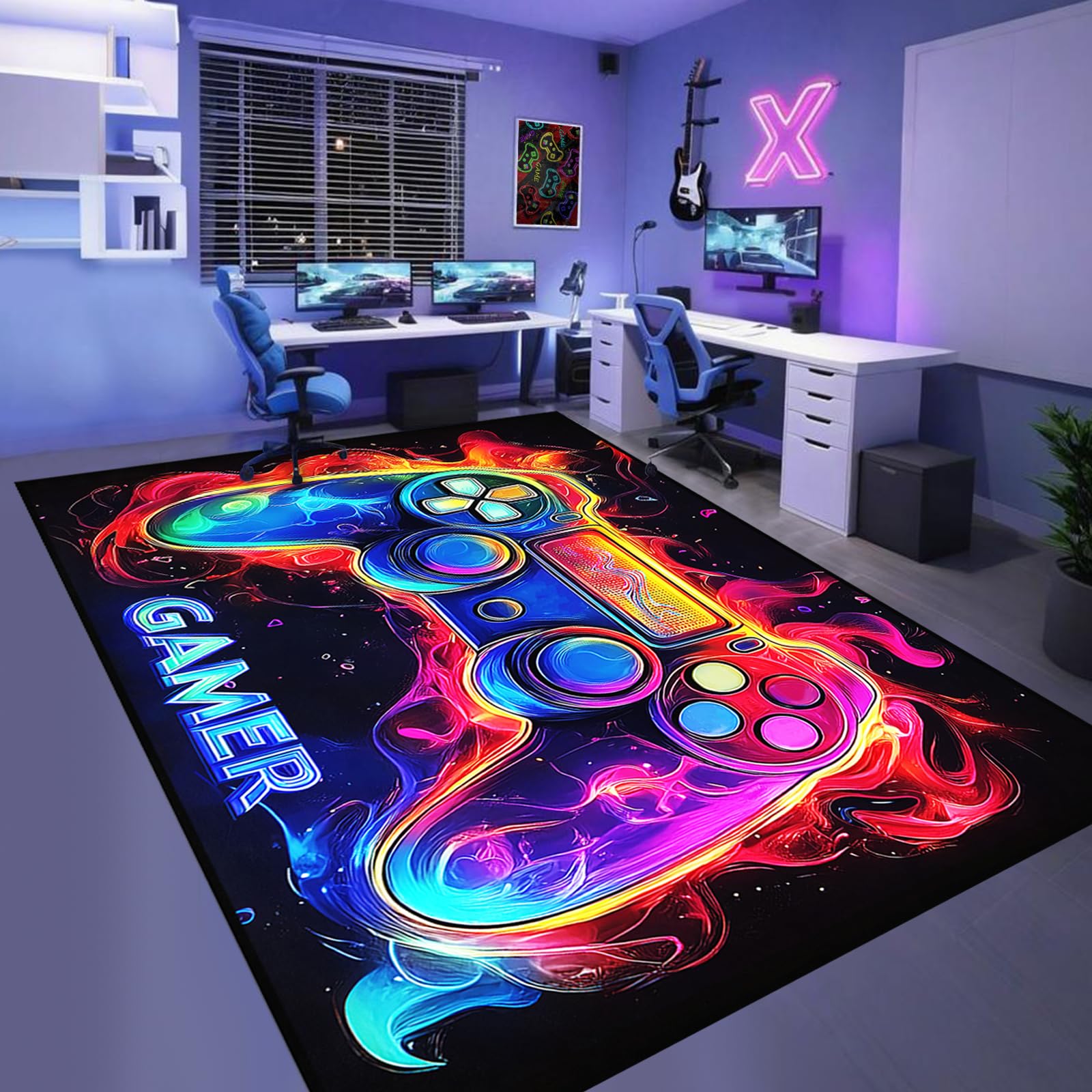 Video Game Shaped Carpet Rug - Gamepad Shaped Area Rug for Boys Bedroom Gaming Themed Area Rugs Kids Boys Gaming Room Decor, 4.5x6 Feet - Flex Gamingproduct_type
