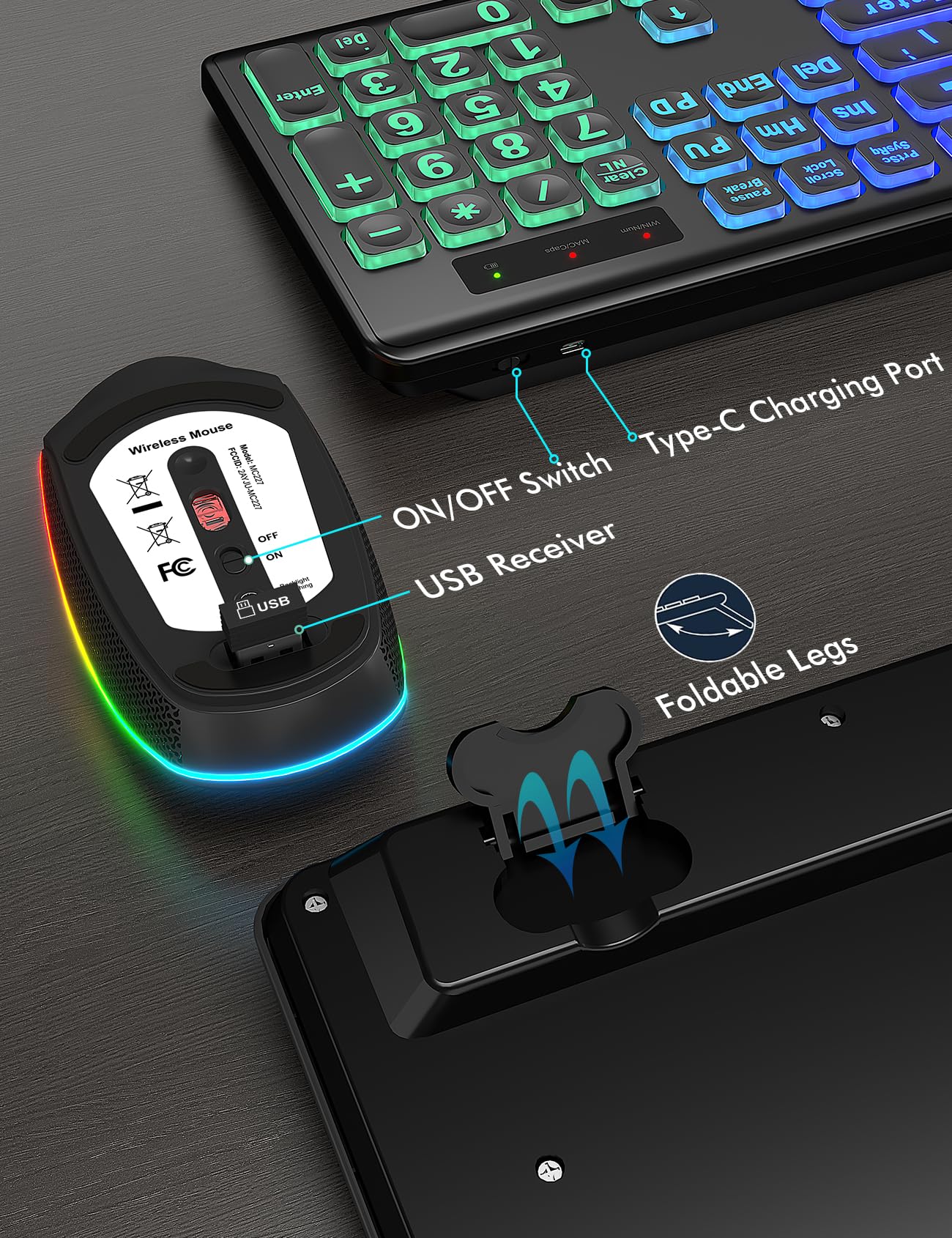 Wireless Keyboard and Mouse Combo, RGB Backlit, Rechargeable & Light Up Letters, Full-Size, Soft Typing, Sleep Mode, 2.4GHz Quiet Keyboard Set for Mac, Windows, Laptop, PC, Trueque KM42Pro (Black) - Flex Gamingproduct_type