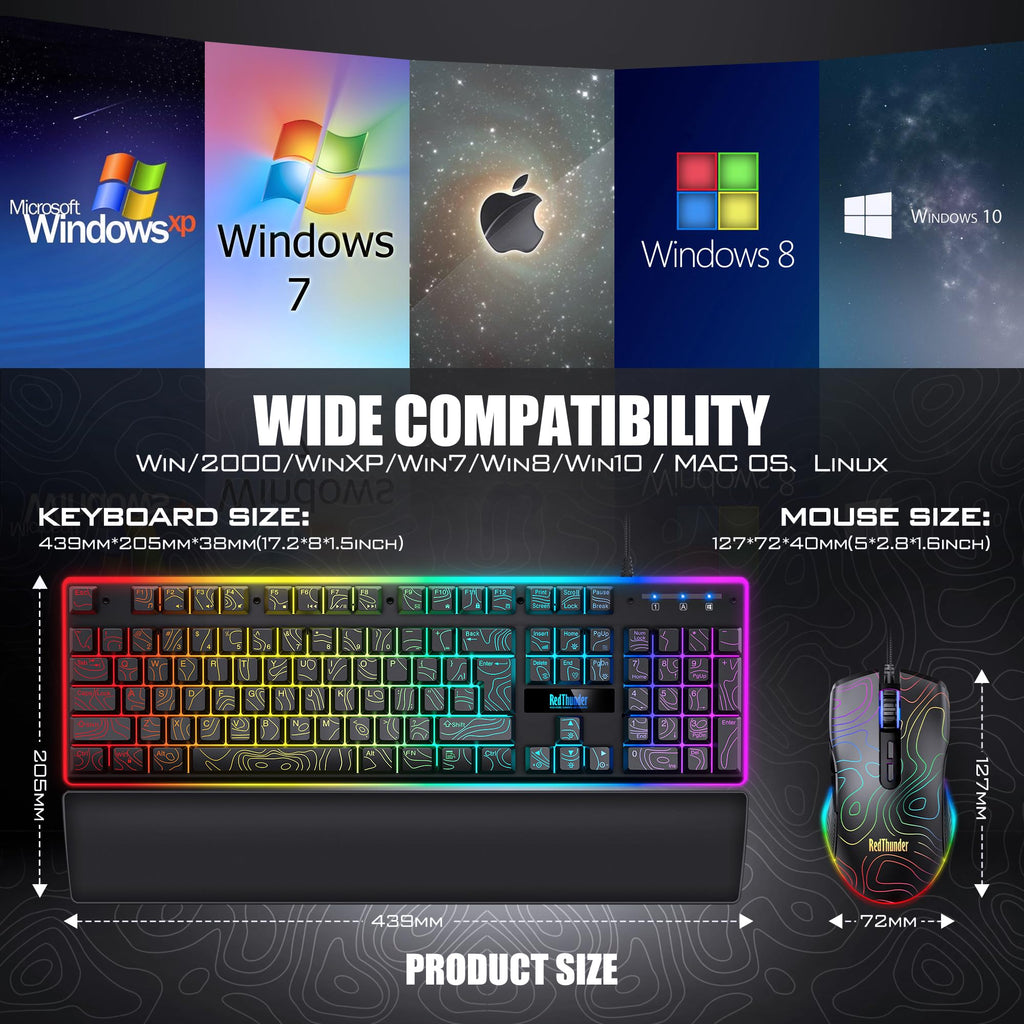 RedThunder K10 Wired Gaming Keyboard and Mouse and Wrist Rest Combo, RGB Backlit, Mechanical Feel Anti-ghosting Keyboard + 7D 7200 DPI Mice+Soft Leather Wrist Rest 3 in 1 PC Gamer Accessories(Black) - Flex Gamingproduct_type