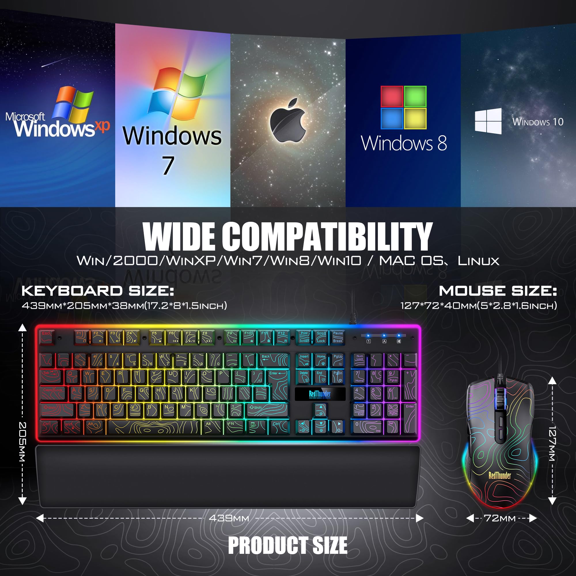 RedThunder K10 Wired Gaming Keyboard and Mouse and Wrist Rest Combo, RGB Backlit, Mechanical Feel Anti-ghosting Keyboard + 7D 7200 DPI Mice+Soft Leather Wrist Rest 3 in 1 PC Gamer Accessories(Black) - Flex Gamingproduct_type