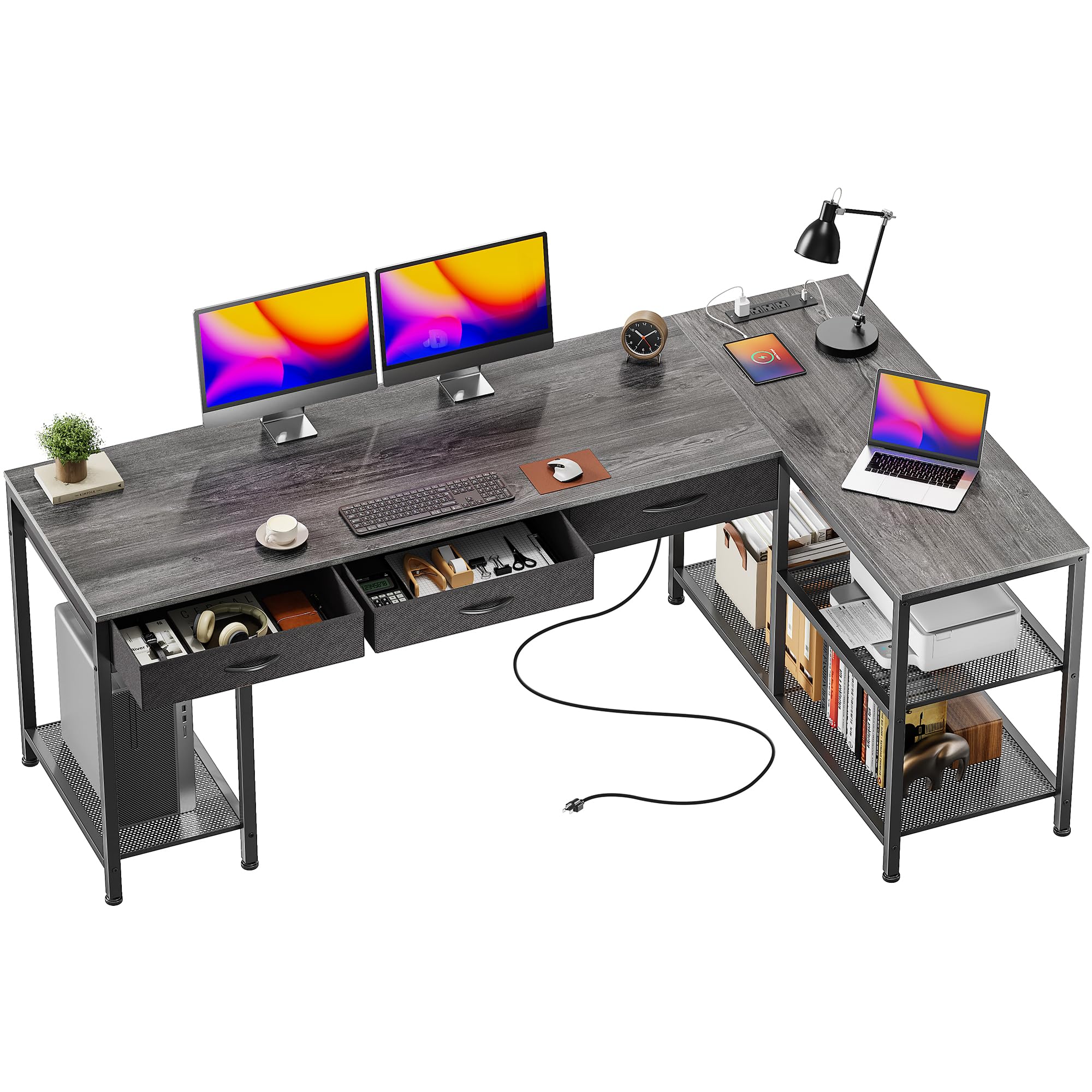 PRAISUN 55 Inch L Shaped Office Desk with Power Outlets and Type-C Port, Large Computer Gaming Desk with 3 Fabric Drawers, Mesh Shelves, Corner Study Work Writing Desk, Rustic Brown - Flex Gamingproduct_type