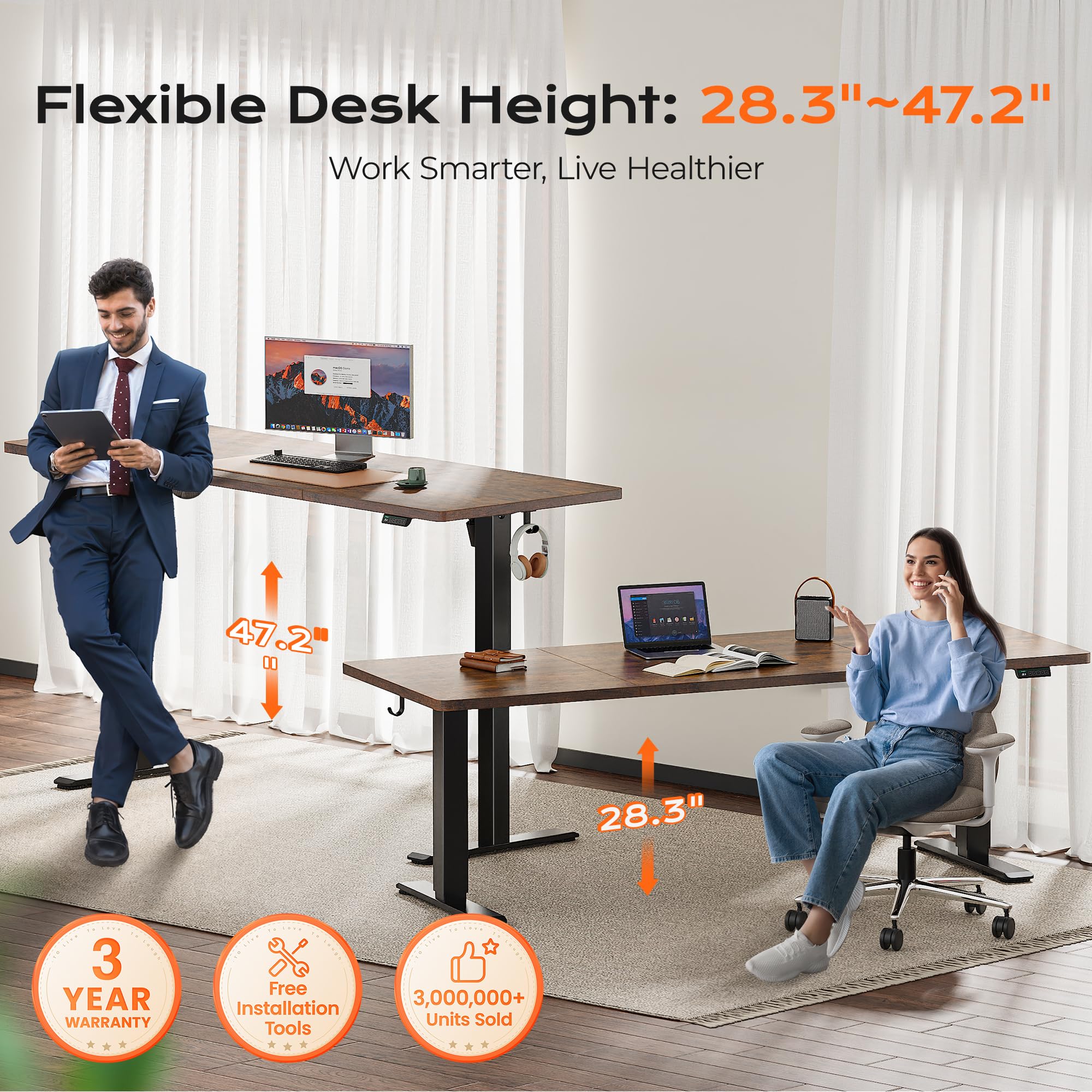 Huuger 55 x 28 Large Electric Standing Desk, Height Adjustable Computer Desk, 27.6" Deep Desktop, Stand up Gaming Office Table with 2 Hooks, 3 Preset Heights, for Home Office, Black - Flex Gamingproduct_type