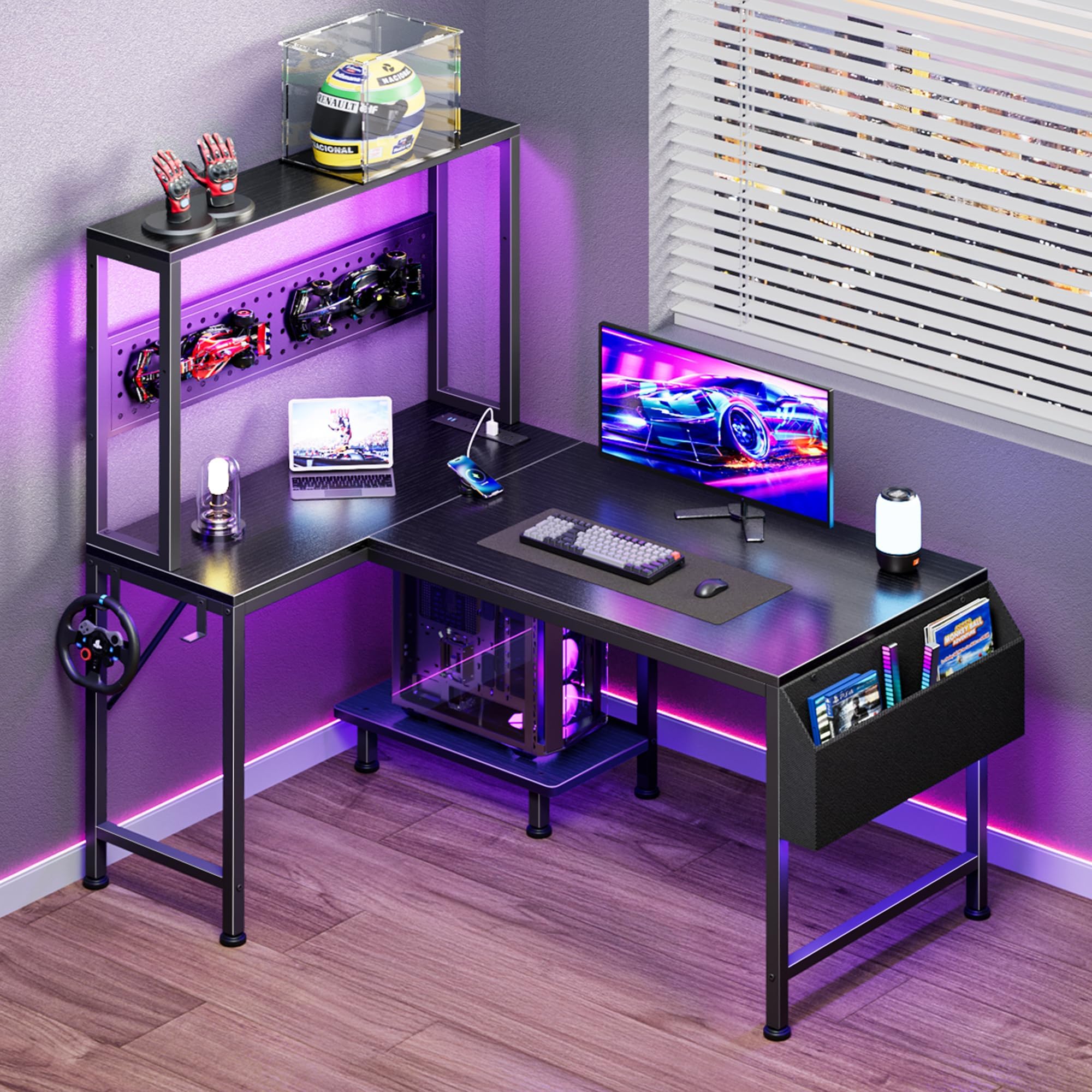 PRAISUN L Shaped Gaming Desk with LED Lights & Power Outlets, Reversible Computer Desk with Storage Shelves & Bag, Large Corner Home Office Desk with Pegboard for Work from Home, Black - Flex Gamingproduct_type