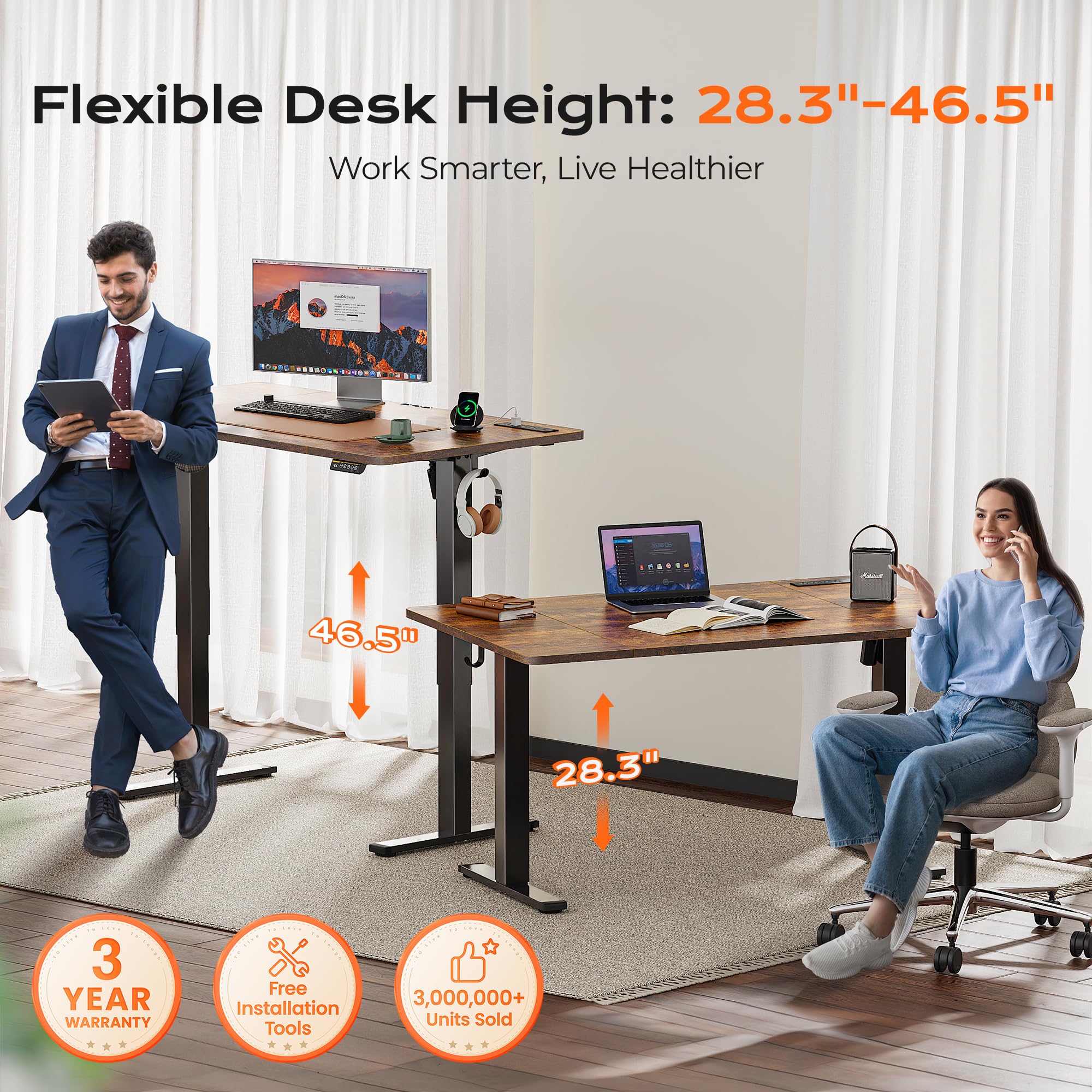 Huuger 55 x 28 Large Electric Standing Desk, Height Adjustable Computer Desk, 27.6" Deep Desktop, Stand up Gaming Office Table with 2 Hooks, 3 Preset Heights, for Home Office, Black - Flex Gamingproduct_type
