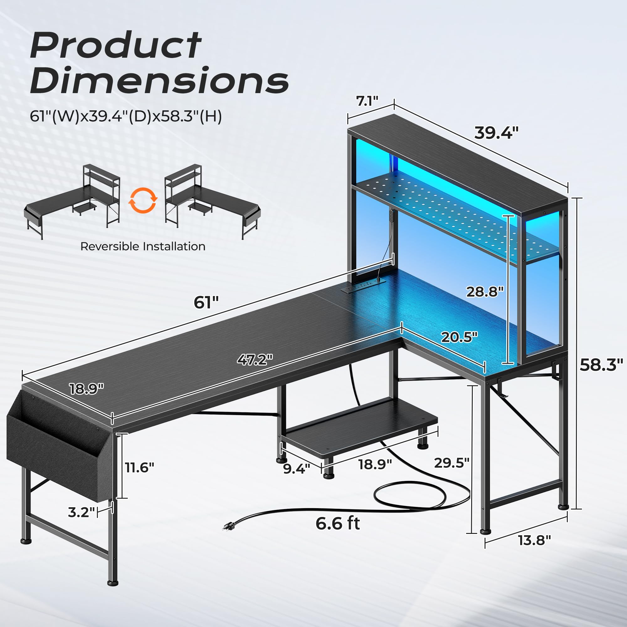 PRAISUN L Shaped Gaming Desk with LED Lights & Power Outlets, Reversible Computer Desk with Storage Shelves & Bag, Large Corner Home Office Desk with Pegboard for Work from Home, Black - Flex Gamingproduct_type