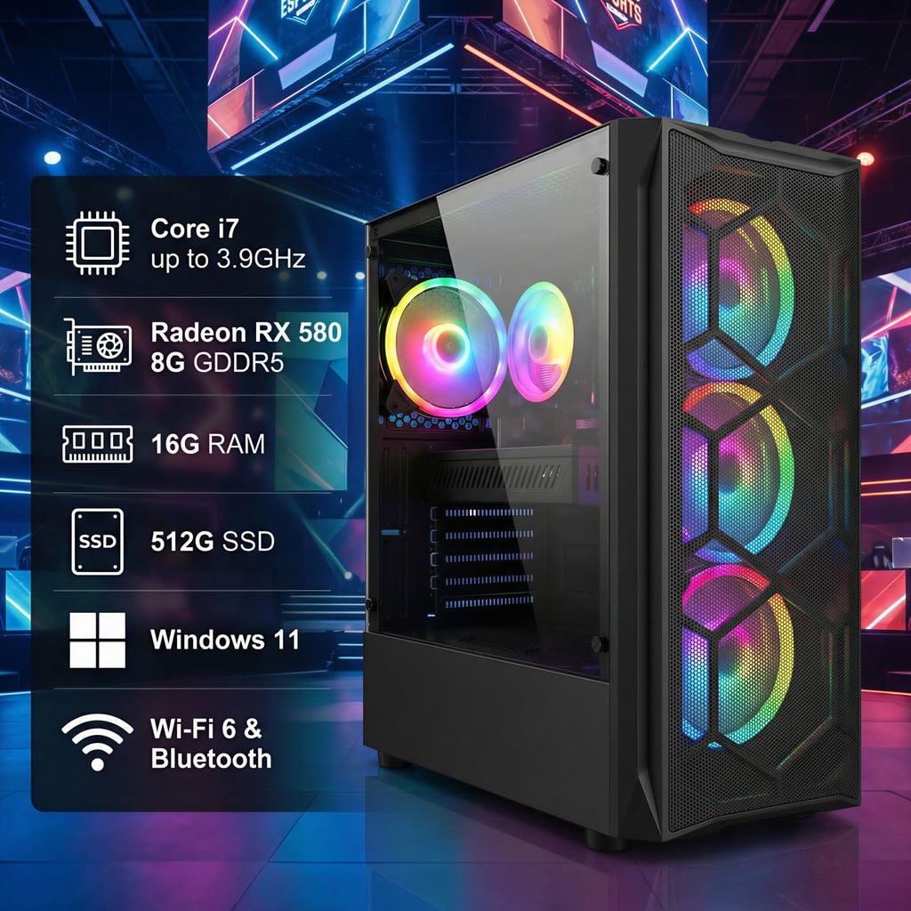 STGAubron Gaming PC Desktop Computer, Intel Core i7 up to 3.9GHz, Radeon RX 580 8G, 16G RAM, 512G SSD, WiFi 6, BT 5.0, RGB Fan x4, Windows 11 Home - Flex Gamingproduct_type